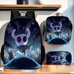 Hollow Knight Little Bug Warrior Dark Night Firefly Forest Deep Forest Color Three-Piece School Bag Set, including a backpack, insulated lunch bag, and pencil case, suitable for teenagers' daily school use