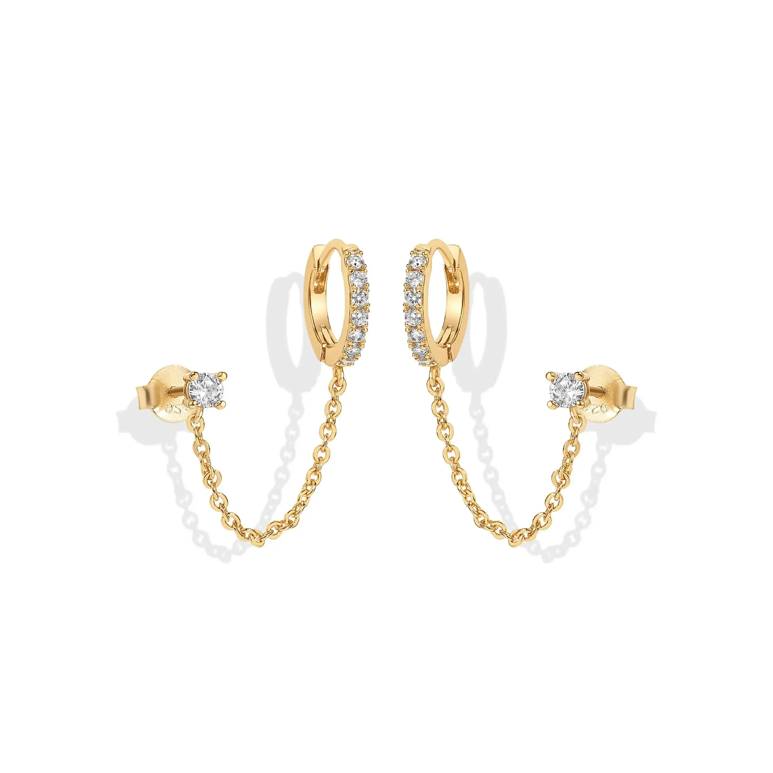 14K Gold Plated Chain Earrings for Women - Double Piercing Dangle Chain Huggie Hoop Earrings - Cubic Zirconia Single Stud Ear Cuff Earrings for Women silver tone hecate goddess daily costume jewelry accessory graduation season gift trend alert fresh cut