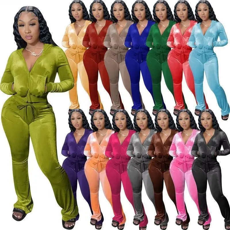 Women Autumn Two Piece Velour Tracksuit Velvet Zip Up Hooded Jacket Flared Pants Jogger Sweatsuit Sets