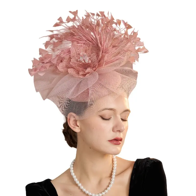 Women’s Pink Fascinator Hat with Veil, Feather Flower Tea Party Headpiece for Wedding, Church, Cocktail Party and Horse Race