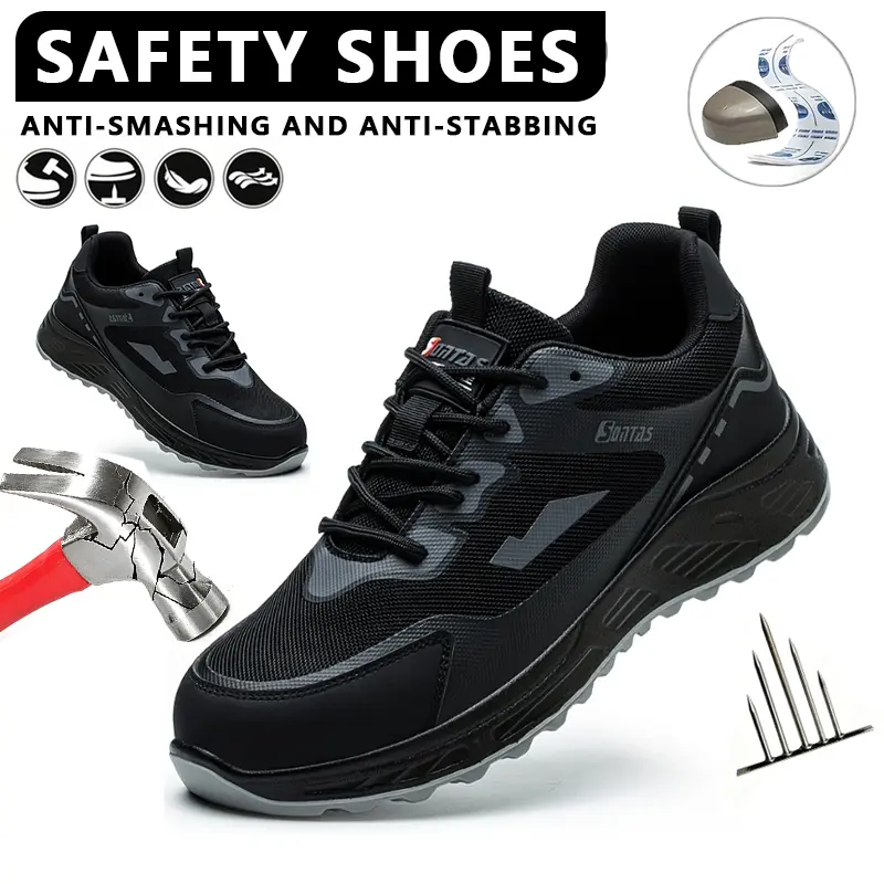Men's Steel Toe Safety Sneakers, Anti-Puncture Lace-up Work Shoes in Lightweight Breathable Fabric for All Season Outdoor Wear, Metatarsal Guard Work & Safety Footwear