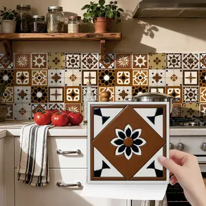 24PCS NHZ Vintage Coffee Beige Geometric Moroccan Tile Stickers, Glossy PVC Crystal Film Self Adhesive Wall Decals, Waterproof Oilproof, Removable No Residue for Kitchen Bathroom Bedroom Home Decoration