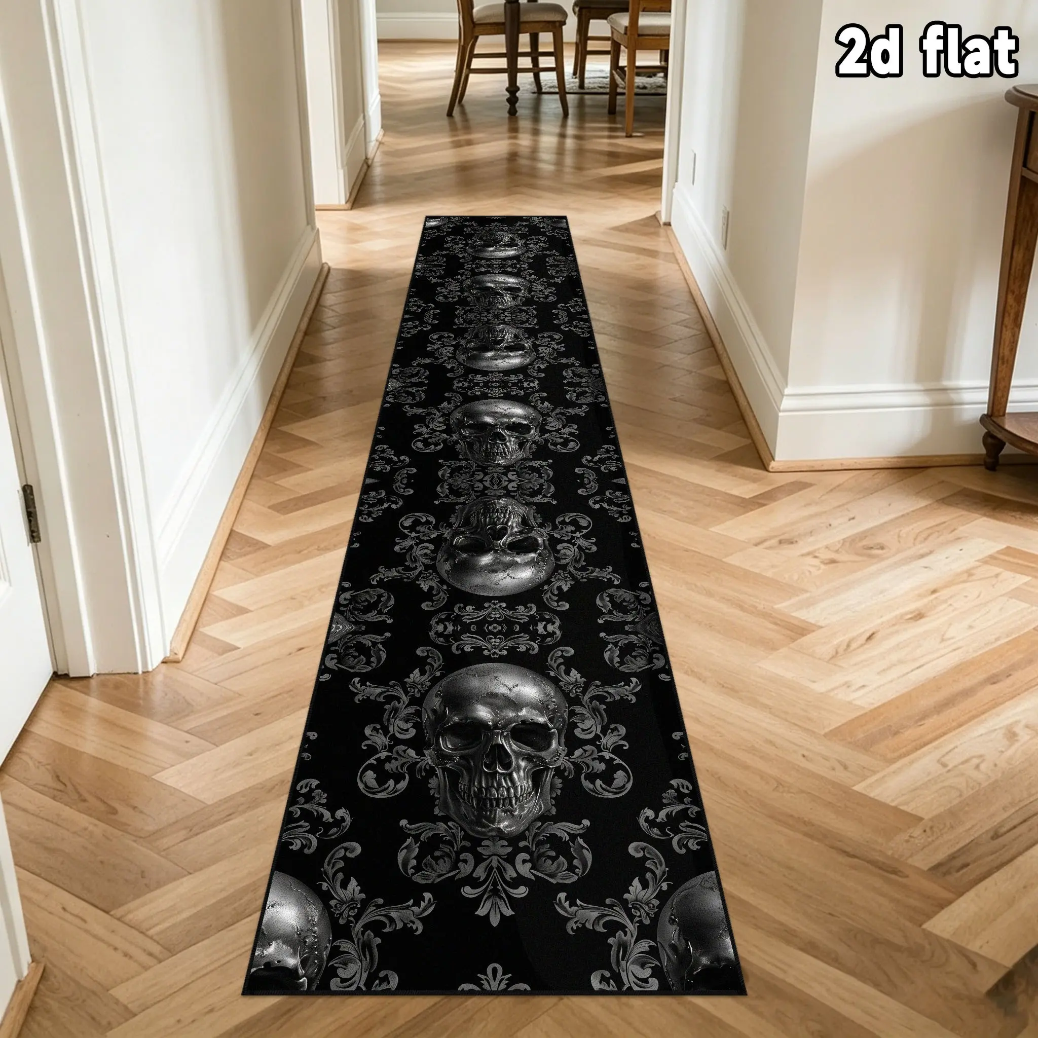 Gothic Skull & Floral Runner Mat, Extra Long 100% Polyester, Machine-Washable, Halloween Home Decor, Hallway Rug, Easy Maintenance, Large Size Options