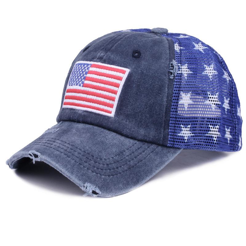Washed cotton vintage baseball cap with embroidery, American flag embroidered cap, mesh cap, five-pointed star mesh cap
