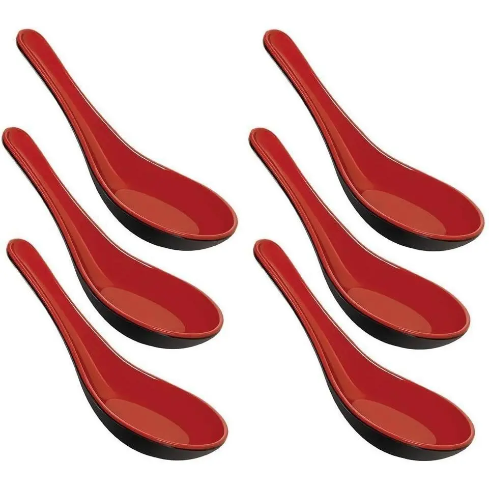 Happy Sales Melamine Soba, Rice Spoons, Chinese Won Ton Soup Spoon, Asian Red and Black, 6 Pack Plain Style
