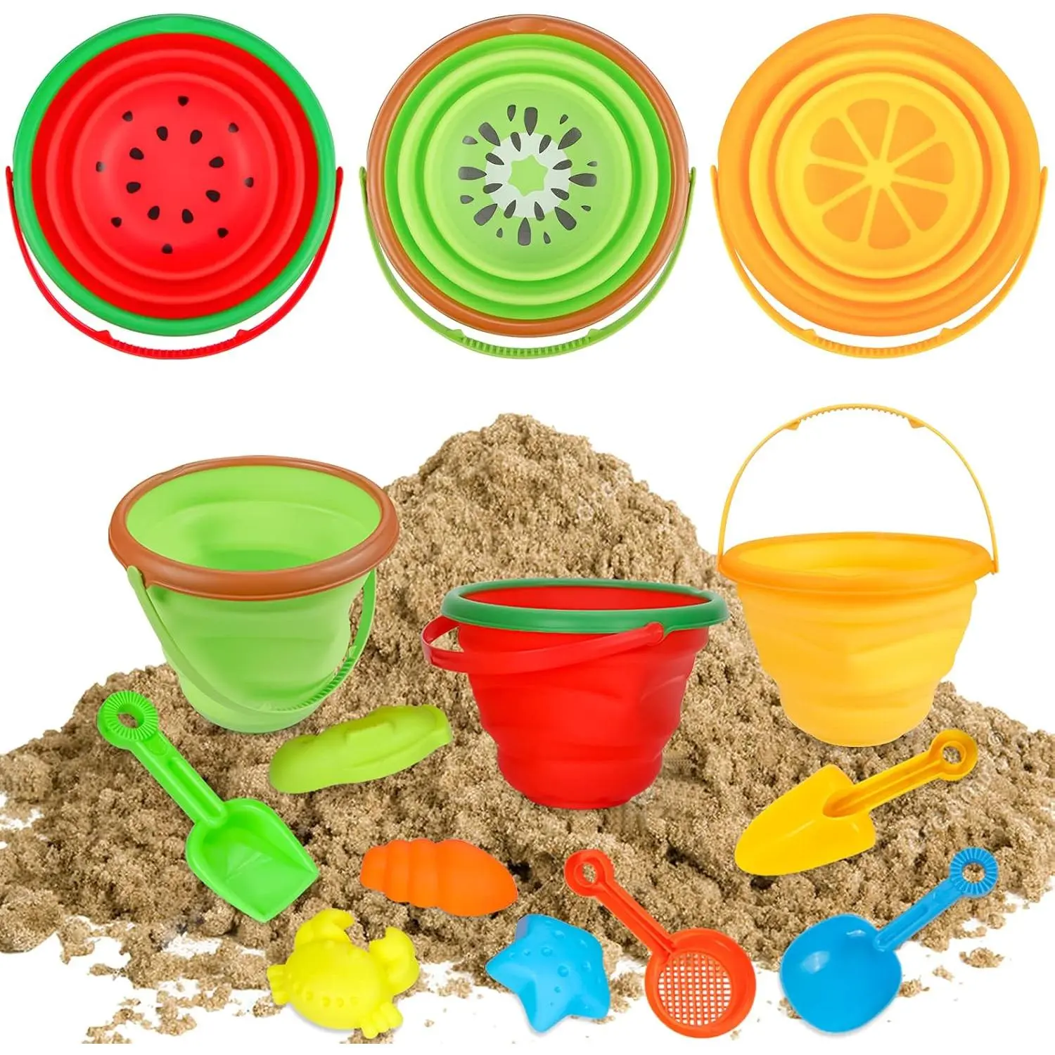 Beach Sand Toys Set for Kids, Silicone Collapsible Foldable Beach Bucket Travel Beach Toys for Summer Outdoor Camping and Fishing Tub with Sand Molds Shovels Rakes for Toddlers Boys Girls, 2.5L, 3PCS