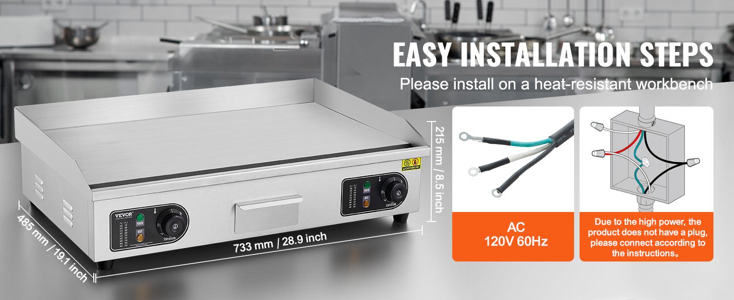 VEVOR 30" Commercial Electric Griddle 3000W Electric Countertop Griddle Non-Stick Restaurant 110V Teppanyaki Flat Top Grill Stainless Steel Adjustable Temperature Control 122 ° F-572 ° F (NO PLUG)