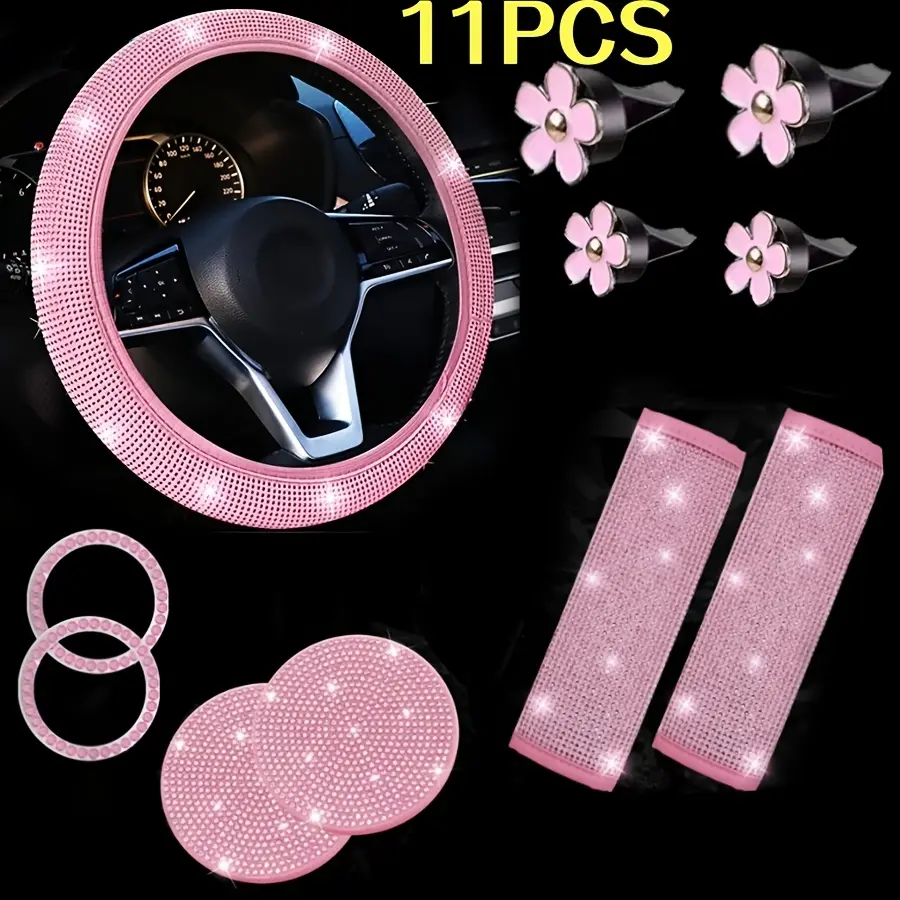 Bling Car Accessories Interior Set, 11PCS Rhinestone Car Decor Kit, Sparkling Crystal Diamond Design with Shiny Accents, Car Decorations Interior, Universal Vehicle Interior Decoration for Women