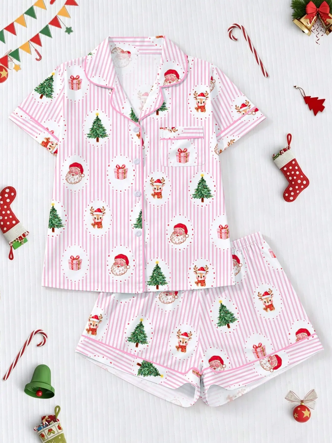 【Christmas】Christmas Theme Women's Pajama Set, Short Sleeve Button-Up Top and Elastic Shorts, Casual Holiday Sleepwear, Comfortable Home