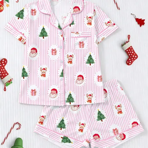 [Christmas]Christmas Theme Women's Pajama Set, Short Sleeve Button-Up Top and Elastic Shorts, Casual Holiday Sleepwear, Comfortable Home, Casual Loungewear Outfit