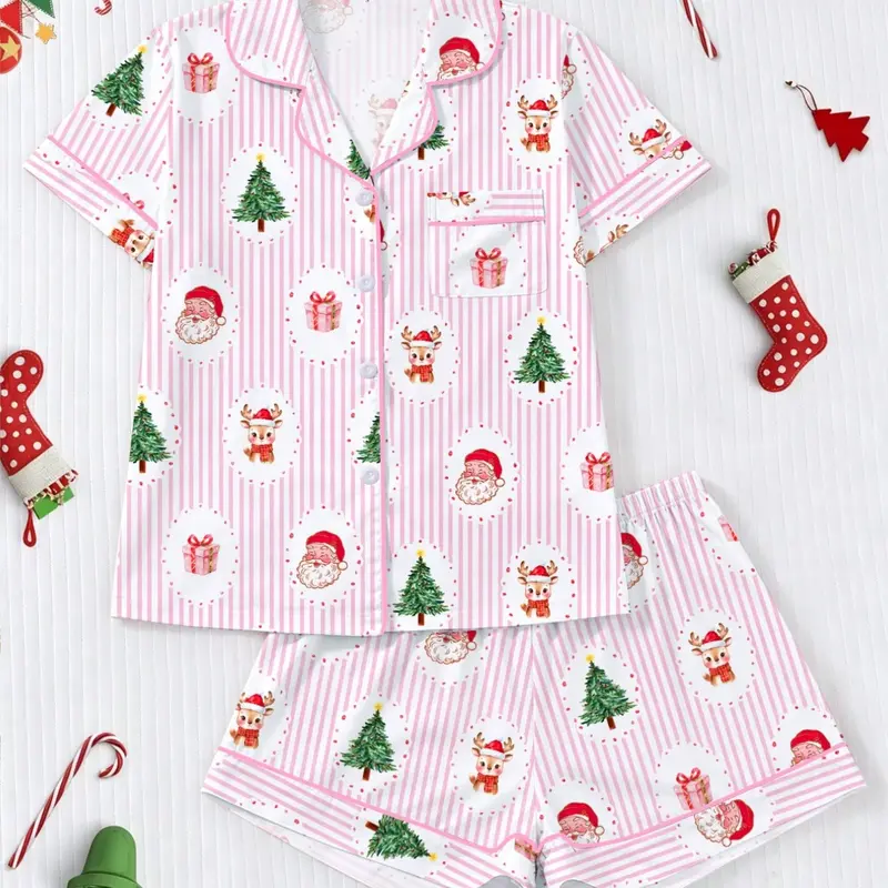 [Christmas]Christmas Theme Women's Pajama Set, Short Sleeve Button-Up Top and Elastic Shorts, Casual Holiday Sleepwear, Comfortable Home, Casual Loungewear Outfit
