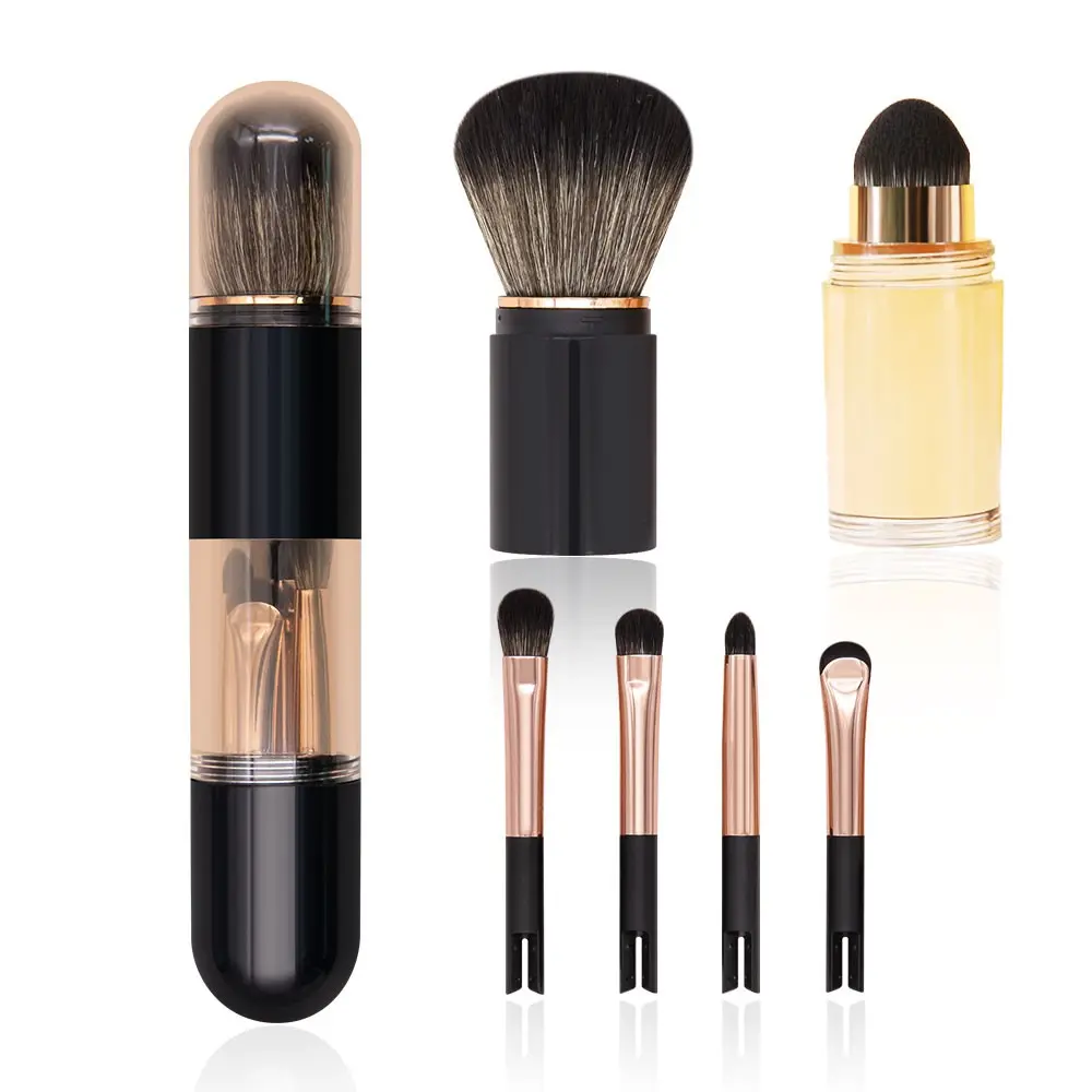 6 in 1 Portable Makeup Brush Set, Retractable Blush Foundation and Eyeshadow Brushes Combo, Dust Proof Capsule Lid Design, Ultra Soft Synthetic Fibers for Natural 3D Face Makeup, Travel Ready Cosmetic Brushes Kit for Daily and Outdoor Use