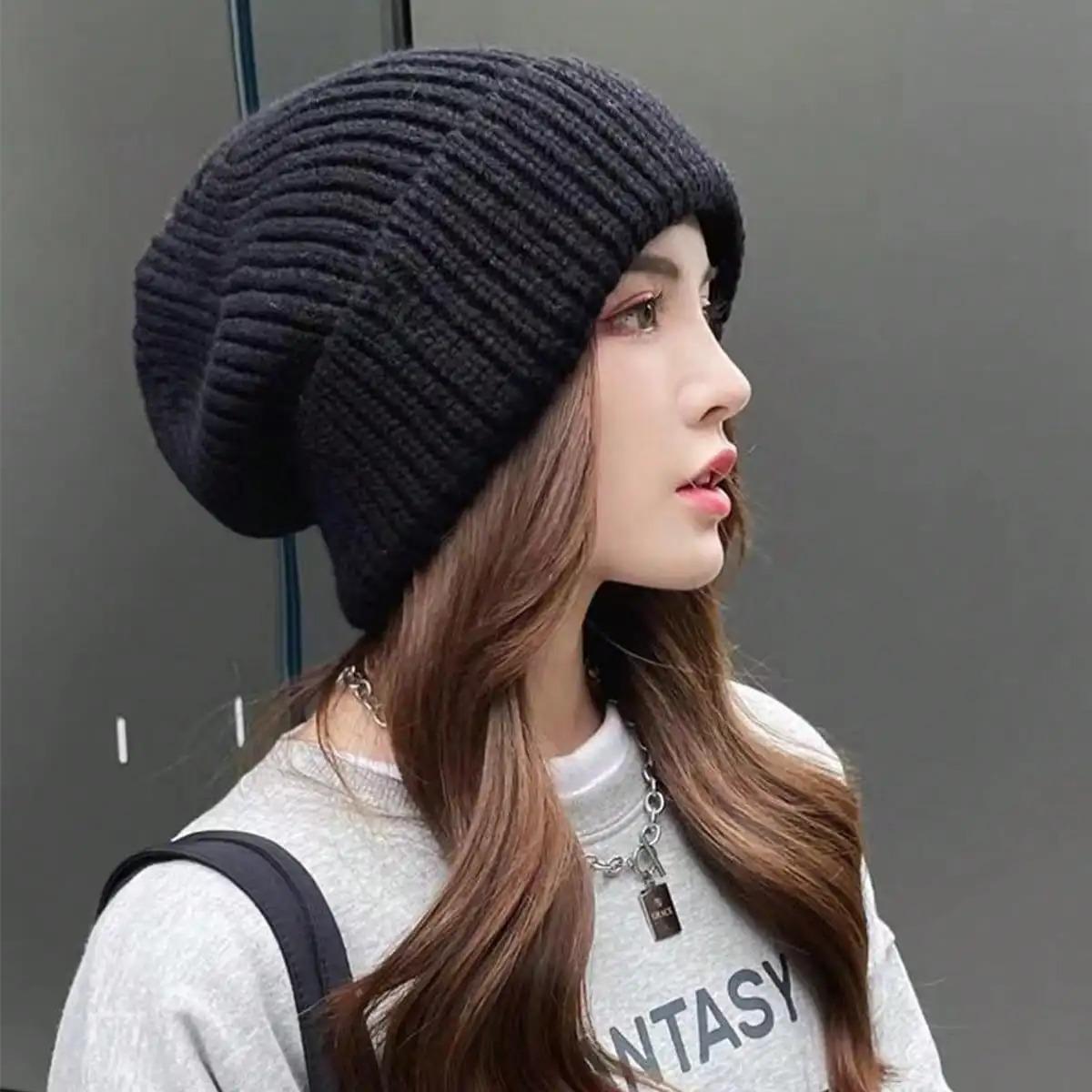 Women Style Solid Color Thick Knit Pile Hat, Knitted Hat for Fall and Winter, Warm and Ear Protection, Loose and Casual Cold Hat