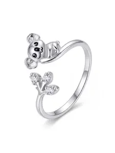 Cute Koala Themed Wrap Ring with Sparkling CZ Leaf Details in Silver Tone for Casual and Animal Lovers
