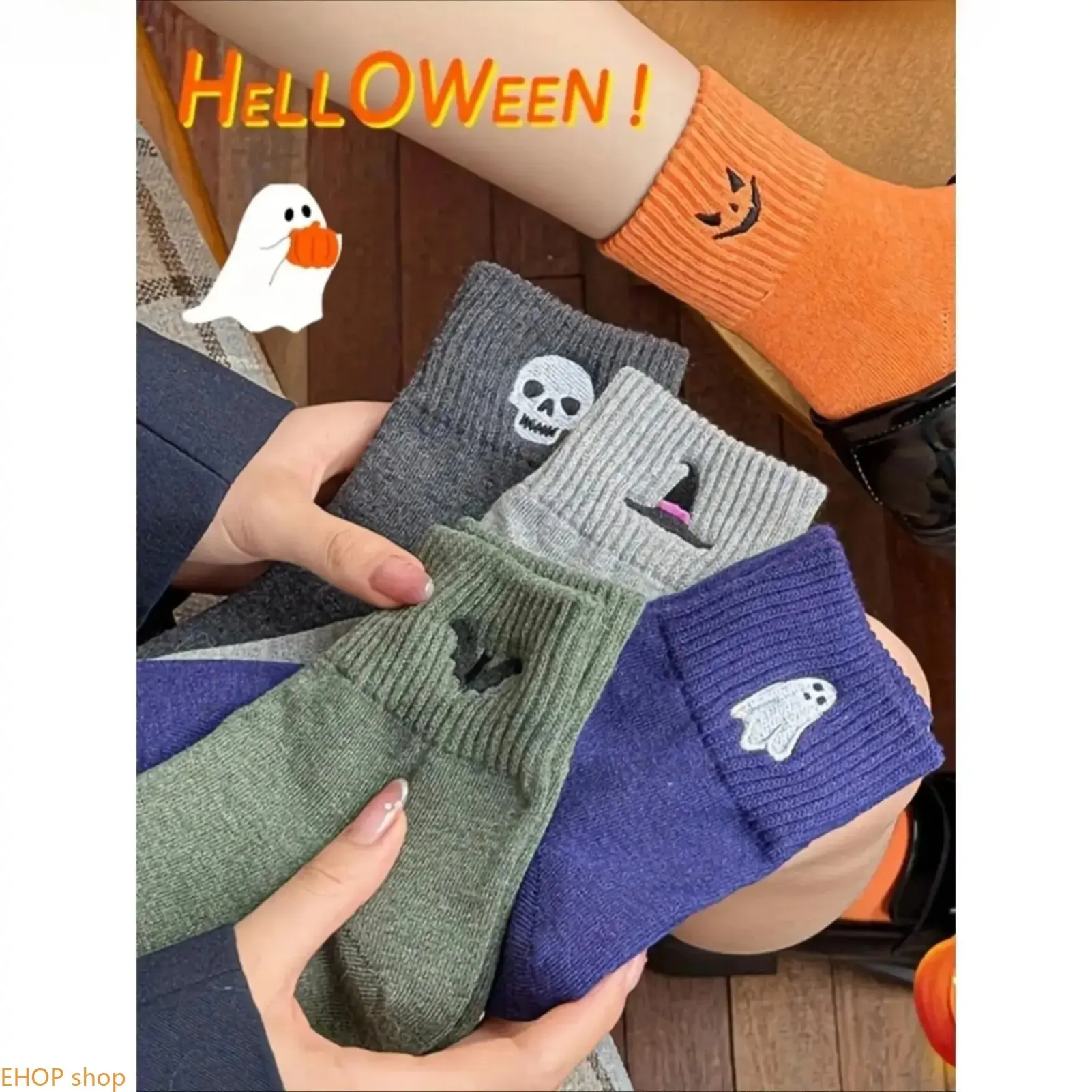 5 Pairs Female Halloween Crew Socks, Cute Cartoon Polyester Knit Socks, Fitted Mid-length for Everyday Fall Winter Wear