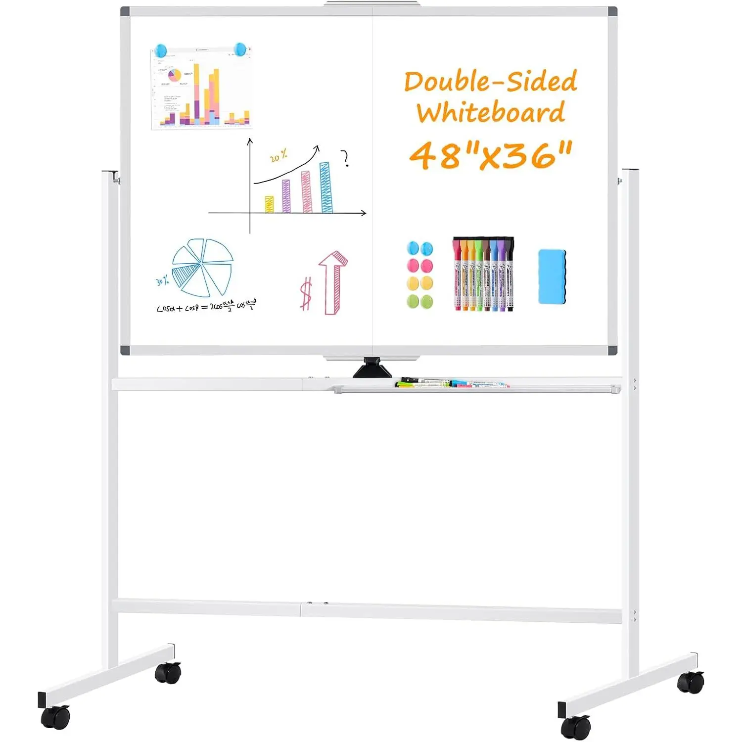 Rolling Dry Erase Whiteboard with Stand, 48" x 36" White Board  Wheels | Double-Sided Reversible, 4' x 3'  Standing Whiteboard, Mobile Portable Board for Office School  Classroom