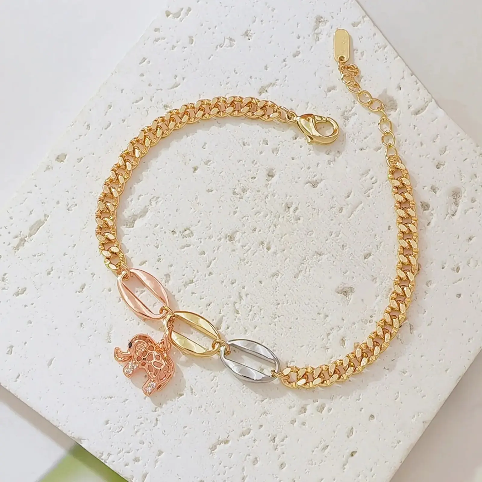 Women Lucky Elephant Charm Bracelet, Tri Color Gold Silver Rose Cuban Link Chain, Dainty Rhinestone Animal Pendant Anklet, Boho Aesthetic Summer Beach Jewelry, Elegant Birthday Christmas Gift for Her