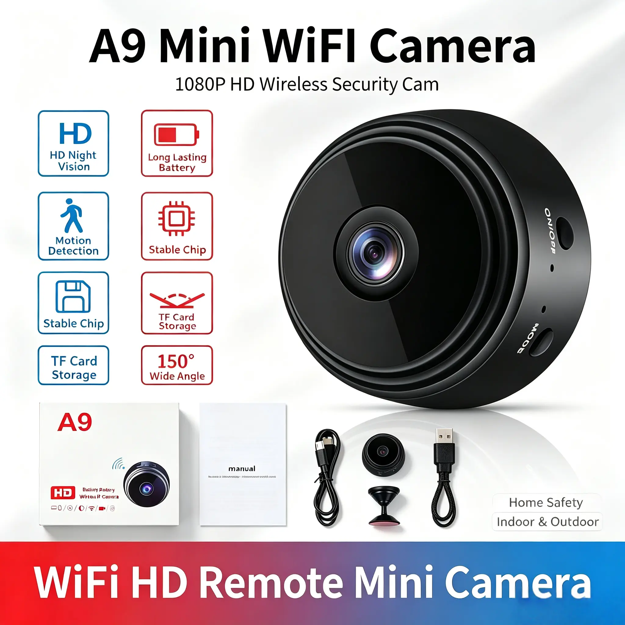 A9 Mini WiFi Camera - 1080P HD Wireless Device with Night Vision, Recording, Portable Lightweight Design, Remote View via Phone App for Indoor Home Safety & Outdoor Sports Surveillance