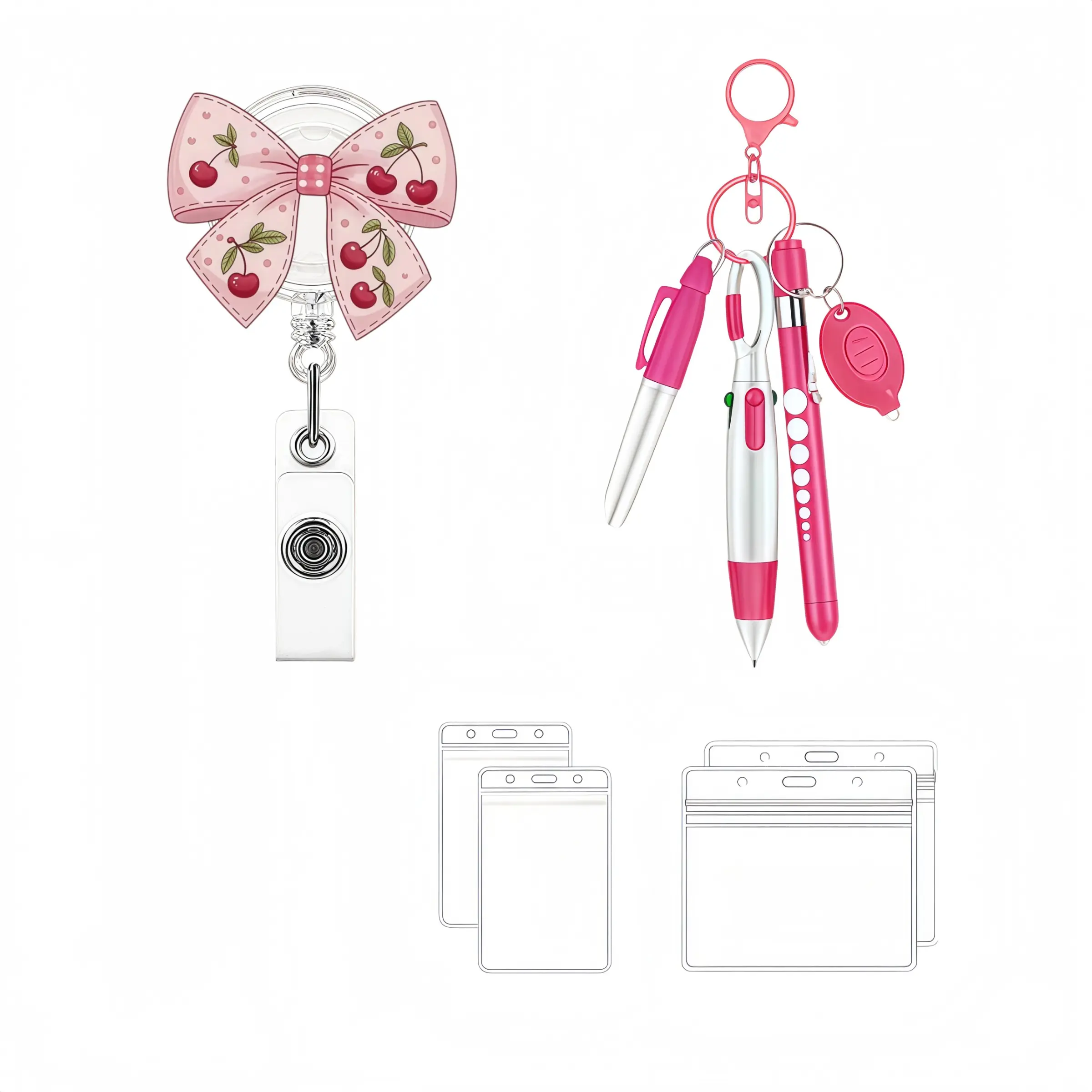 Cute Cherry Bow Badge Roll Set, Multi-Functional Nurse Keychain Pen & ID Card Clip, Ideal for Doctors, Nurses, Clinics, Schools, Offices