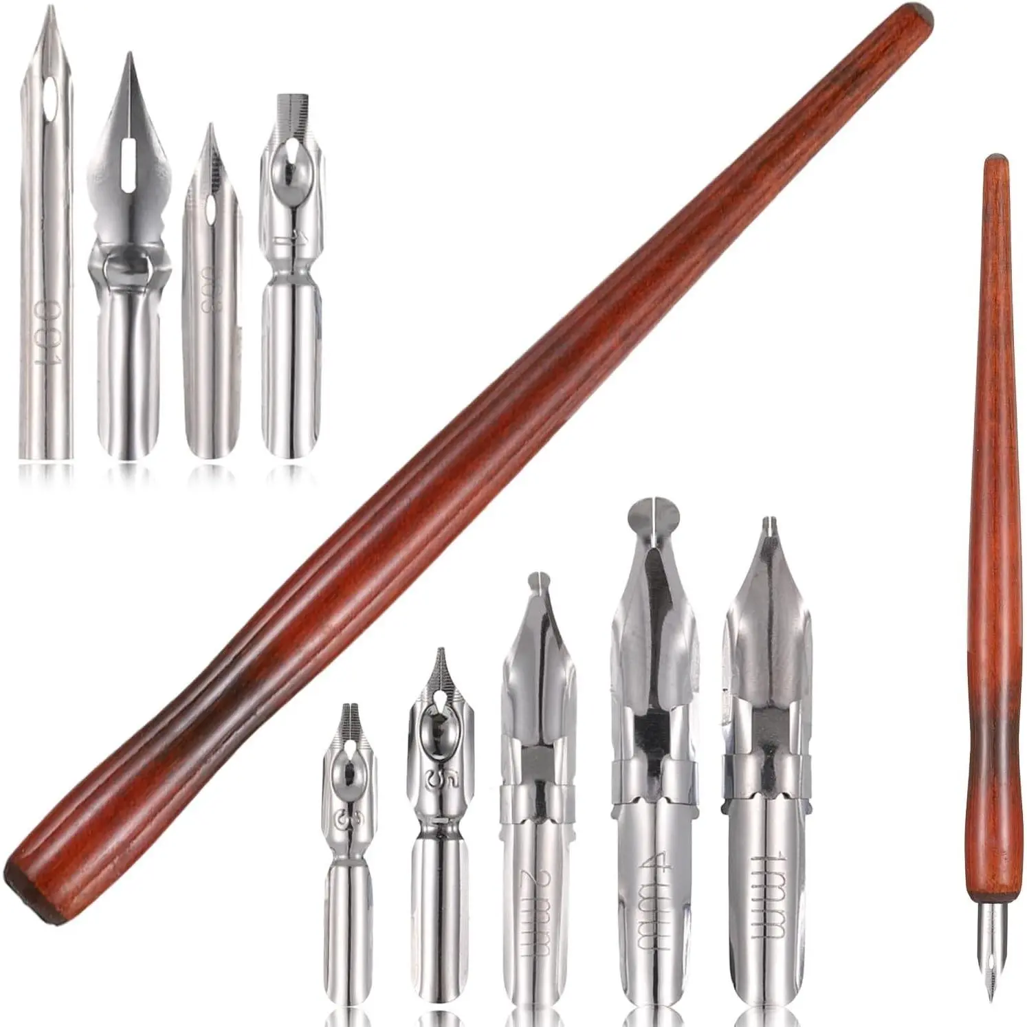 10 Pcs Calligraphy Dip Pen Nibs with Wooden Holders Set Stainless Steel Nib Dip Pens for Comic Calligraphy Writing Drawing Painting Signing