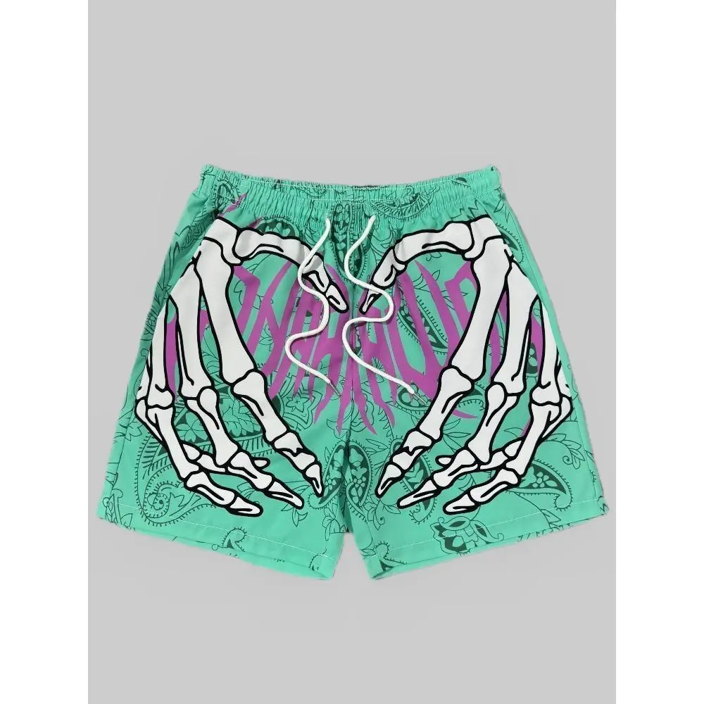 Men's Skeleton Hand Heart Print Beach Shorts, Retro Paisley Pattern Quick Dry Swim Trunks, Elastic Drawstring Waist Casual Summer Board Shorts, Gothic Street Style Shorts for Sports Outdoor Vacation