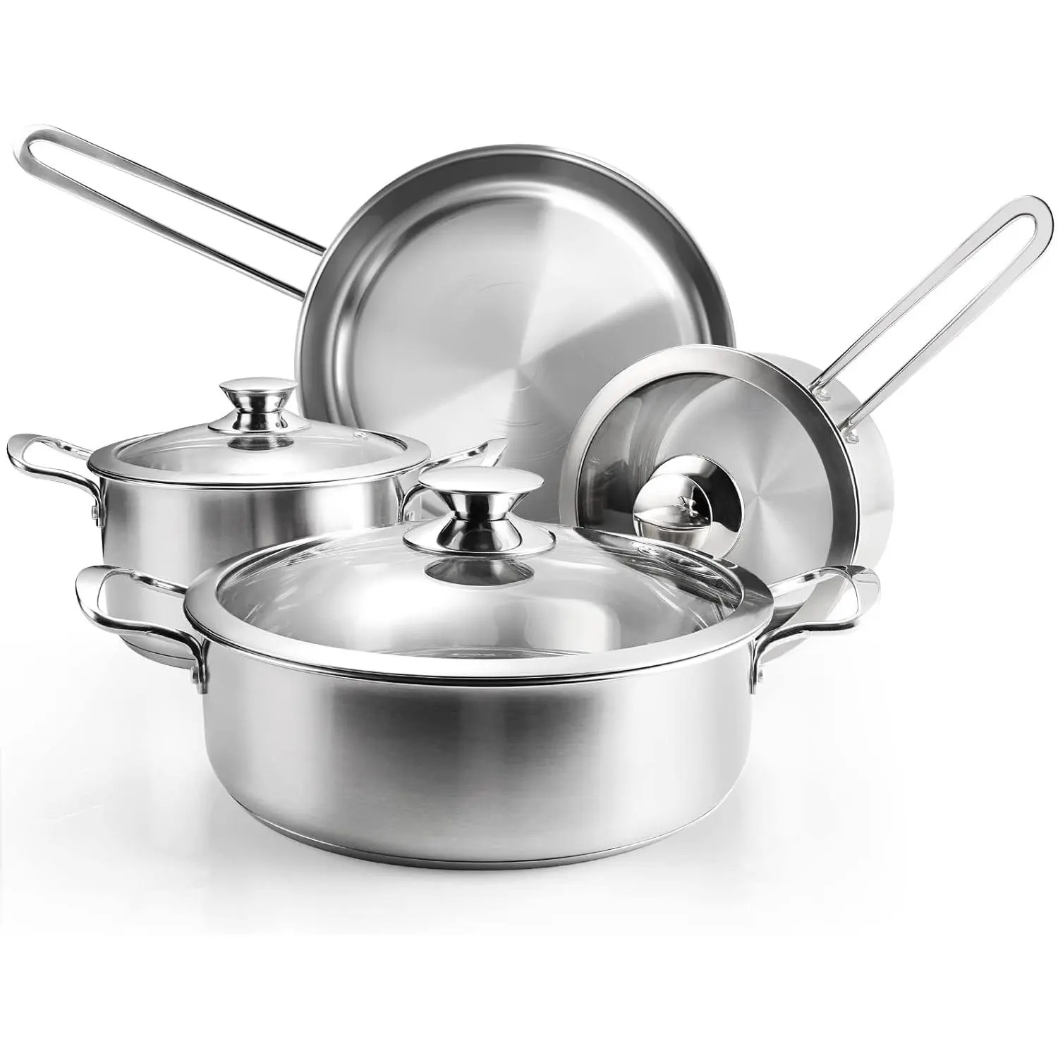 Stainless Steel Pots and Pans Set, 7-Piece Kitchen Cookware Sets with Glass Lids, Stay-Cool Handle, Oven Safe, Works with Induction/Electric and Gas Cooktops, Dishwasher
