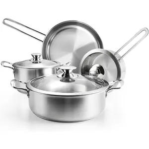 Stainless Steel Pots and Pans Set, 7-Piece Kitchen Cookware Sets with Glass Lids, Stay-Cool Handle, Oven Safe, Works with Induction/Electric and Gas Cooktops, Dishwasher
