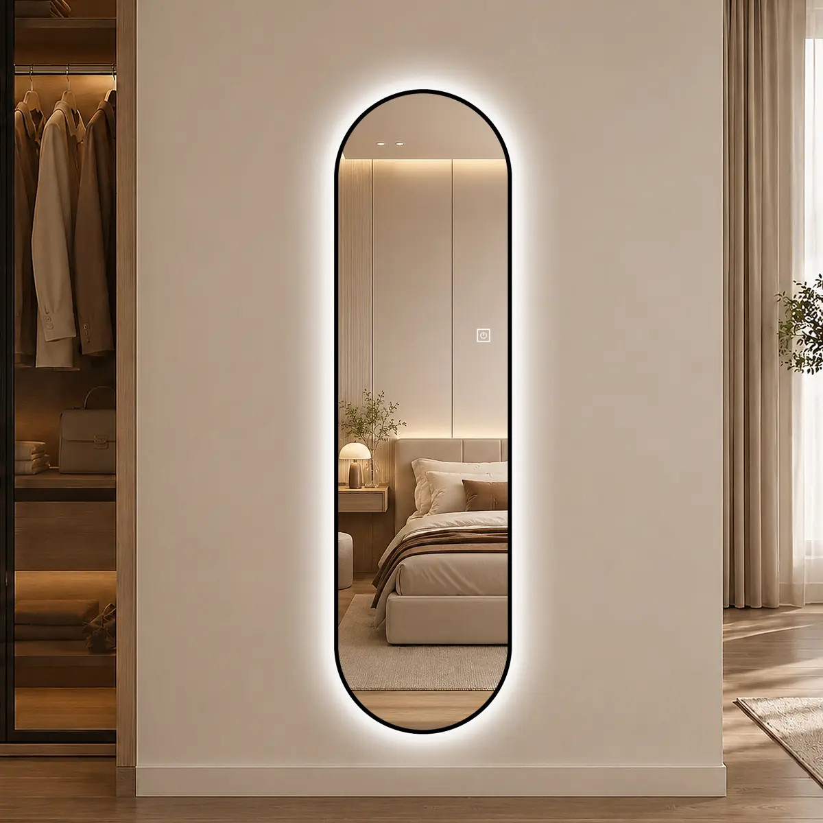 65"*18" Capsule Shaped LED Full Length Mirror, Black Framed Backlit Body Mirror, 3 Color Temperatures Stepless Dimming, Touch Control Memory Function, IP44 Splash Resistant Wall Mount Dressing Mirror
