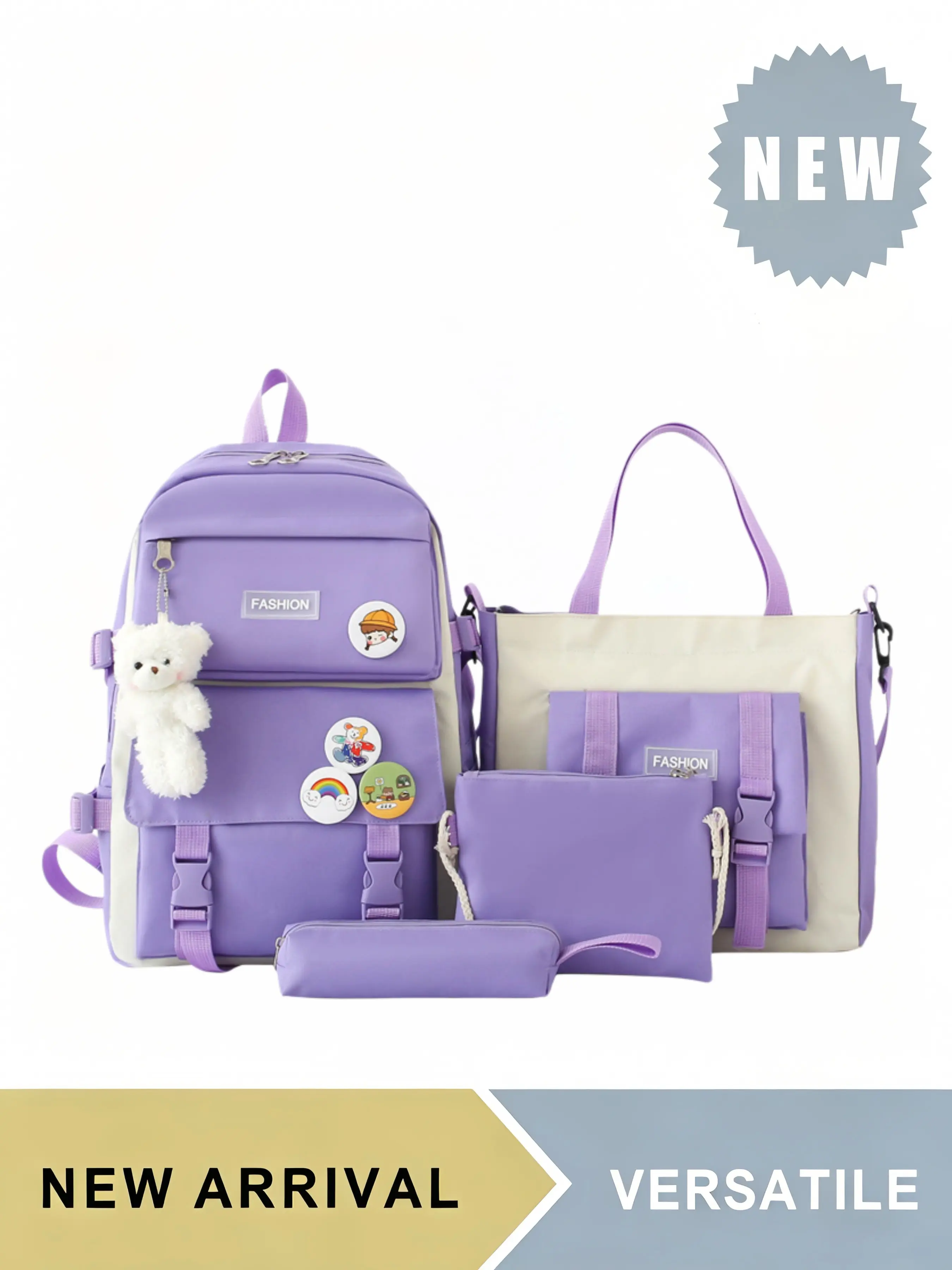 Kawaii School Bag Set, 4-Piece Blue Colorblock, Durable Oxford Fabric, Includes Plush Bear, Fashion Badge, Coin Purse, All Seasons, Kawaii Backpack