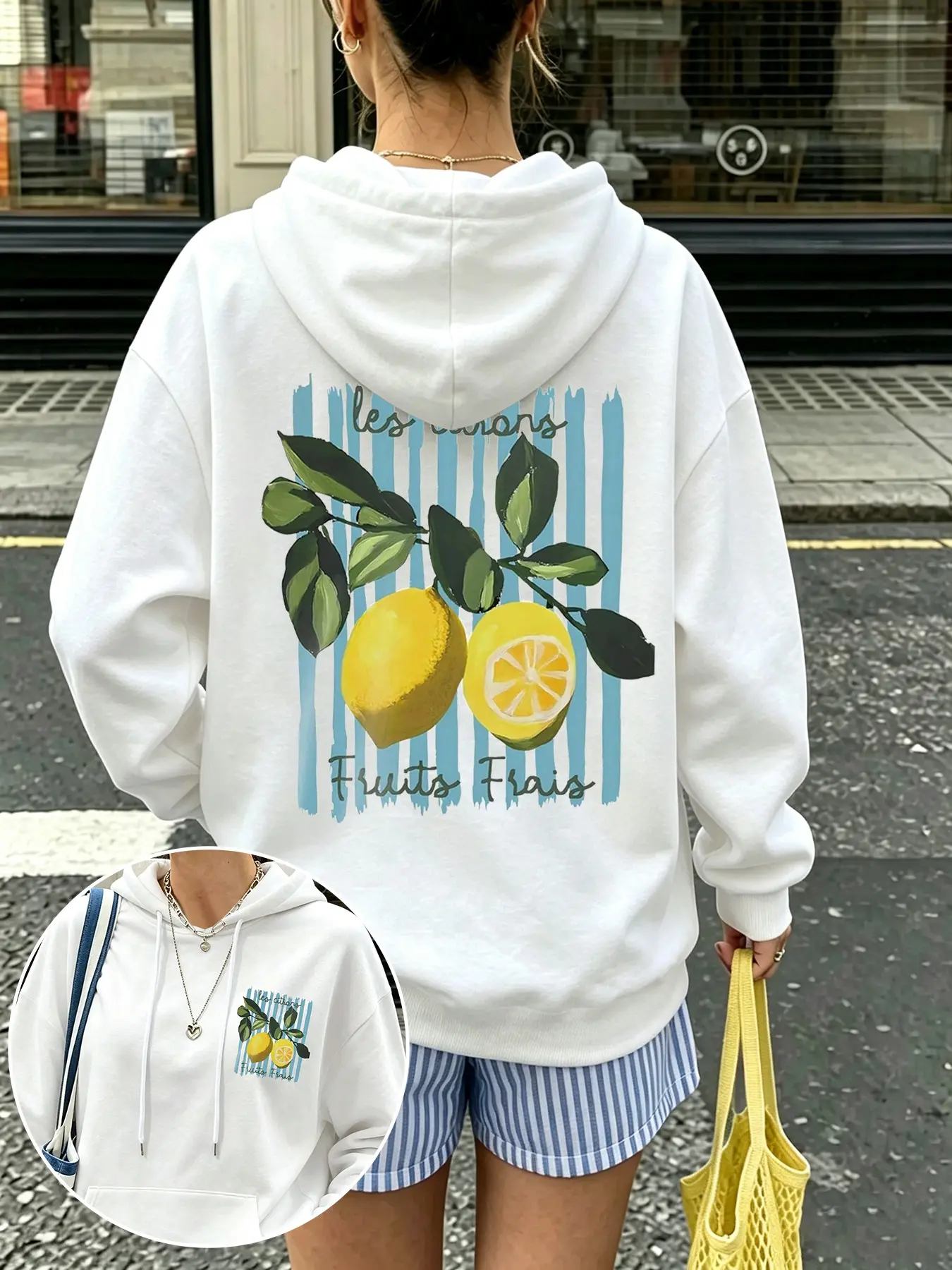 Women's Drawstring Pocket Hoodie, Fruit Lemon Print, Fashion Casual Commuter Sweatshirt, Fall Winter Daily Wear, Long Sleeve Loose Fit
