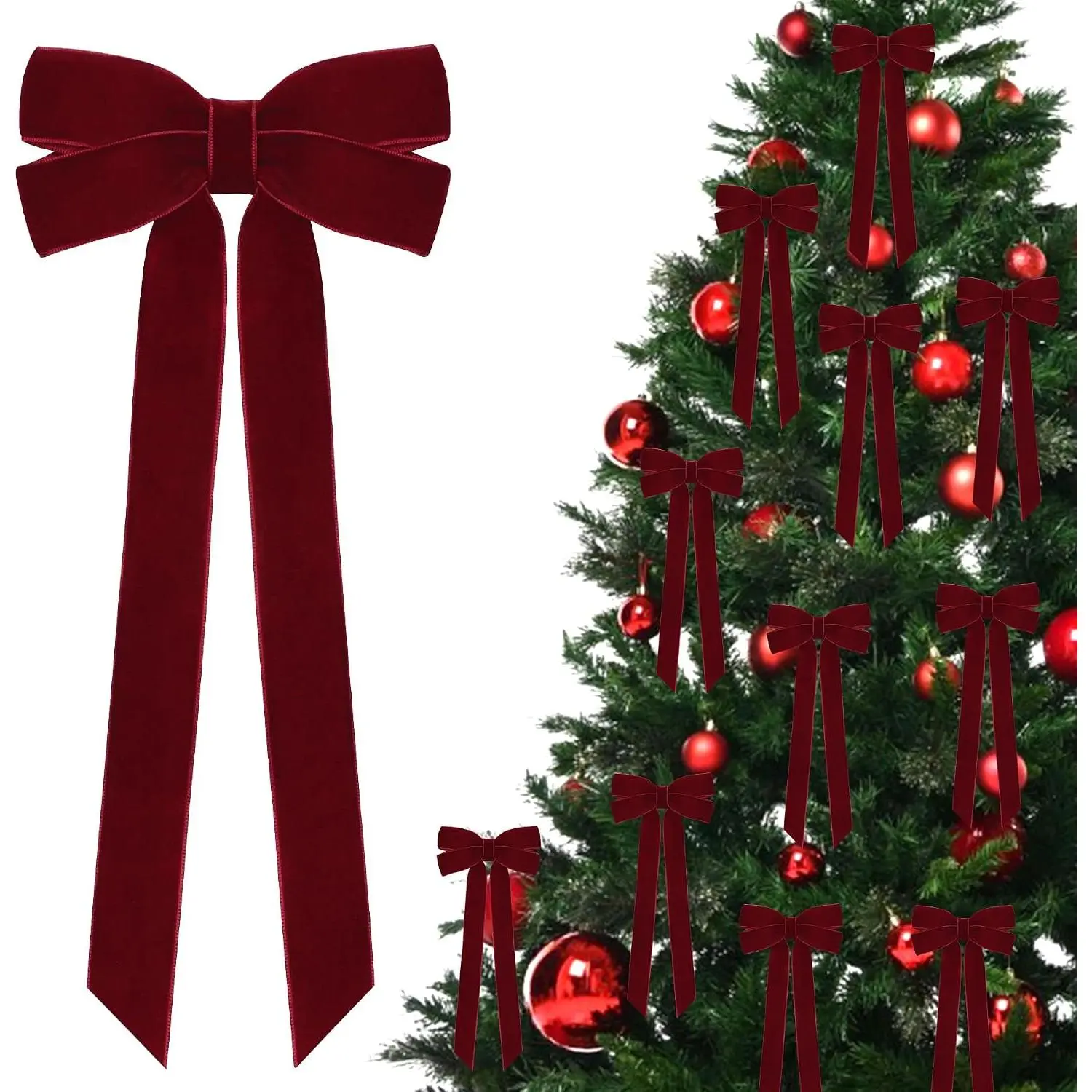 Large Smooth Synthetic Burgundy Ribbon Bows (12-Count, 5in x 10in) - Classic Modern, Soft Texture Holiday Decorations for Christmas Trees, Front Door Wreaths, Gifts