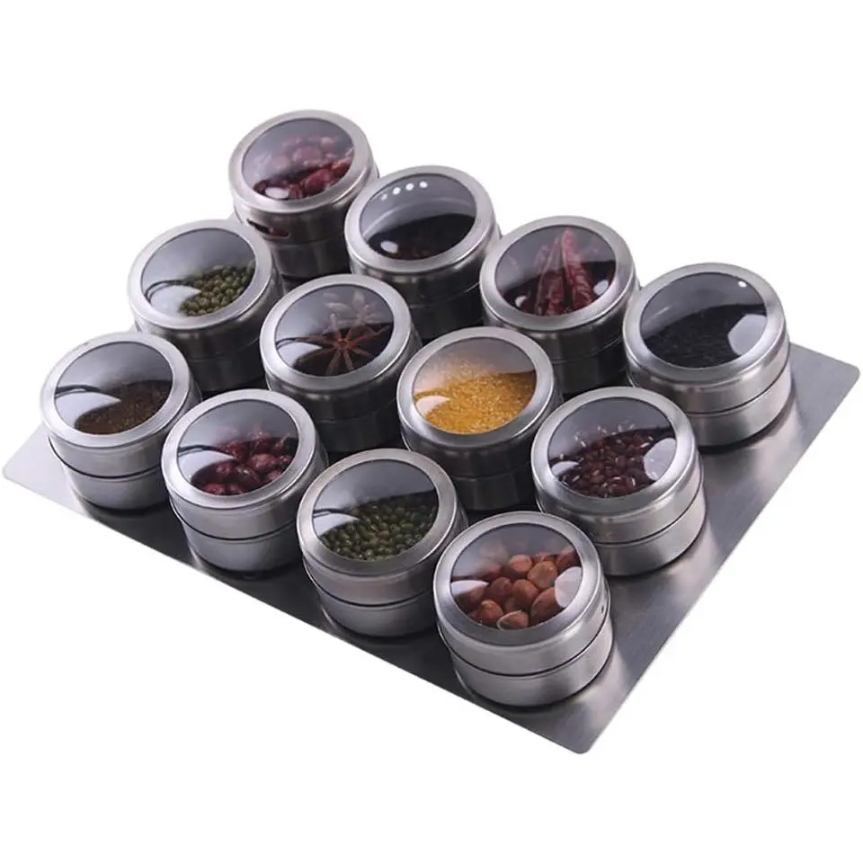 12 Magnetic Spice Jar Containers Spice Tins - Wall Mounted Stainless Steel Base - Easy to Install