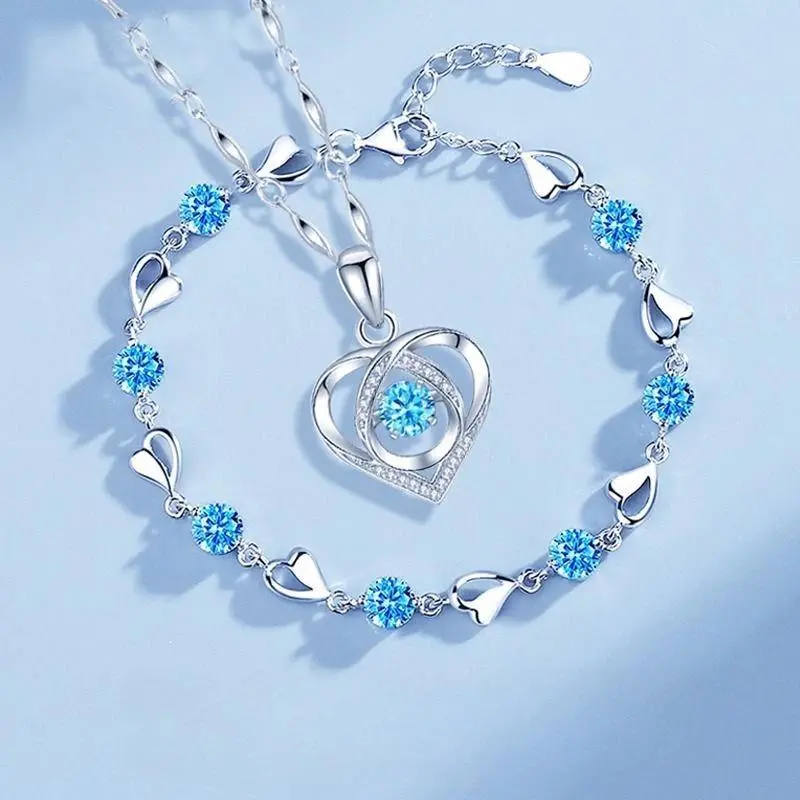 925 Sterling Silver Heart Shaped Necklace Bracelet Set for Women Vintage Korean Crystal Bracelets High Quality Set Party Jewelry