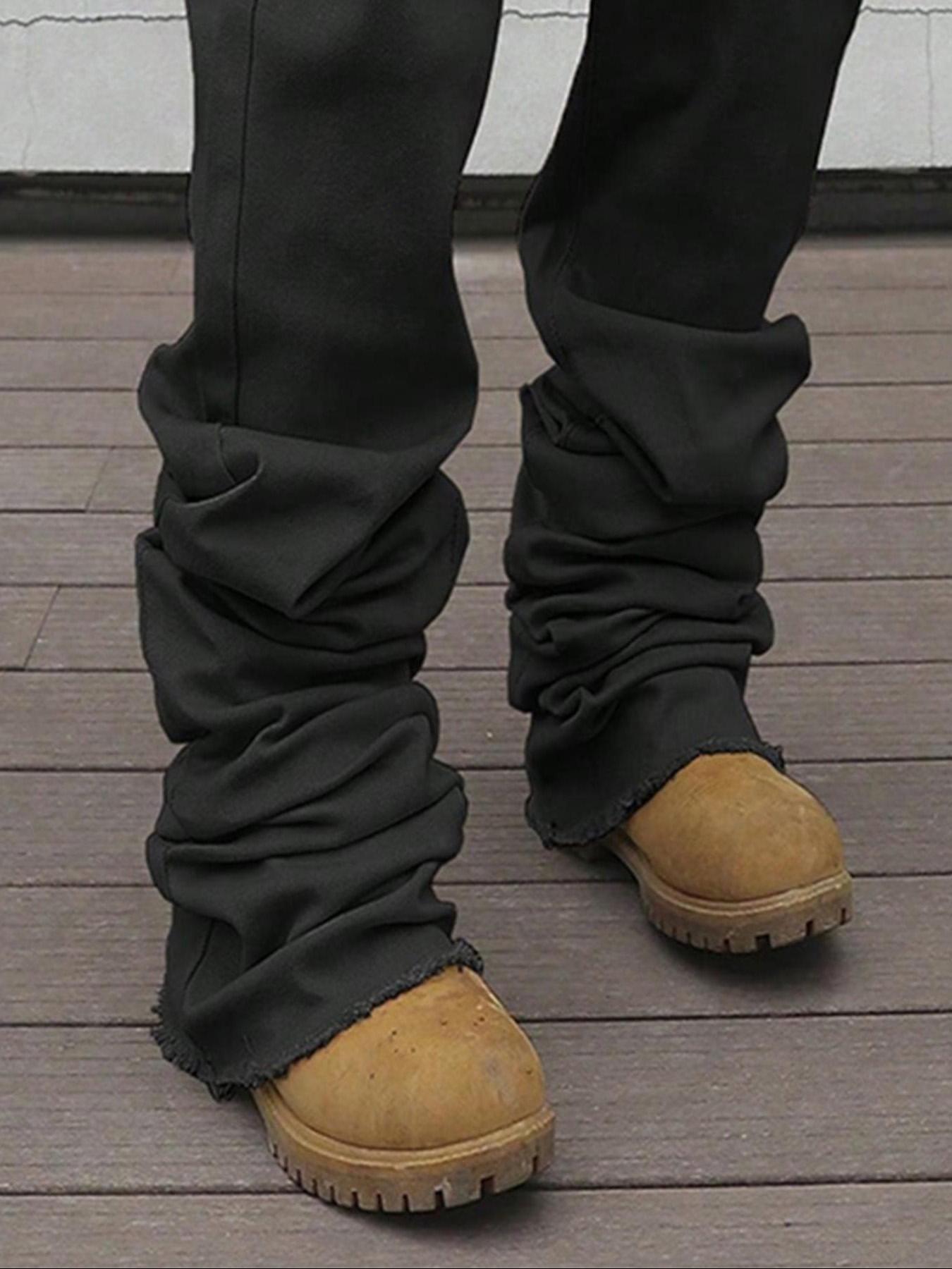 Men's Plain Solid Color Button-Fly Flared Jeans Pants - Slim-Fit & Casual Streetwear Style, Comfortable with Pockets, Featuring Frayed Cuff Design. Suitable for Daily Wear; Also a Versatile All-Season Bottom for Men (Extended Fit)