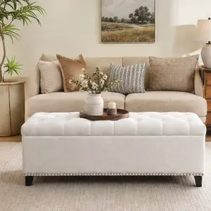ARCH 47.5" Storage Ottoman Bench with Safety Close Hinge, Linen Button-Tufted Foot Rest Stool, Large Hidden Storage Box for Living Room Entryway Hallway Bedroom, Beige Teddy Fabric, Supports 500lbs, Beige Color Options, Plywood Material