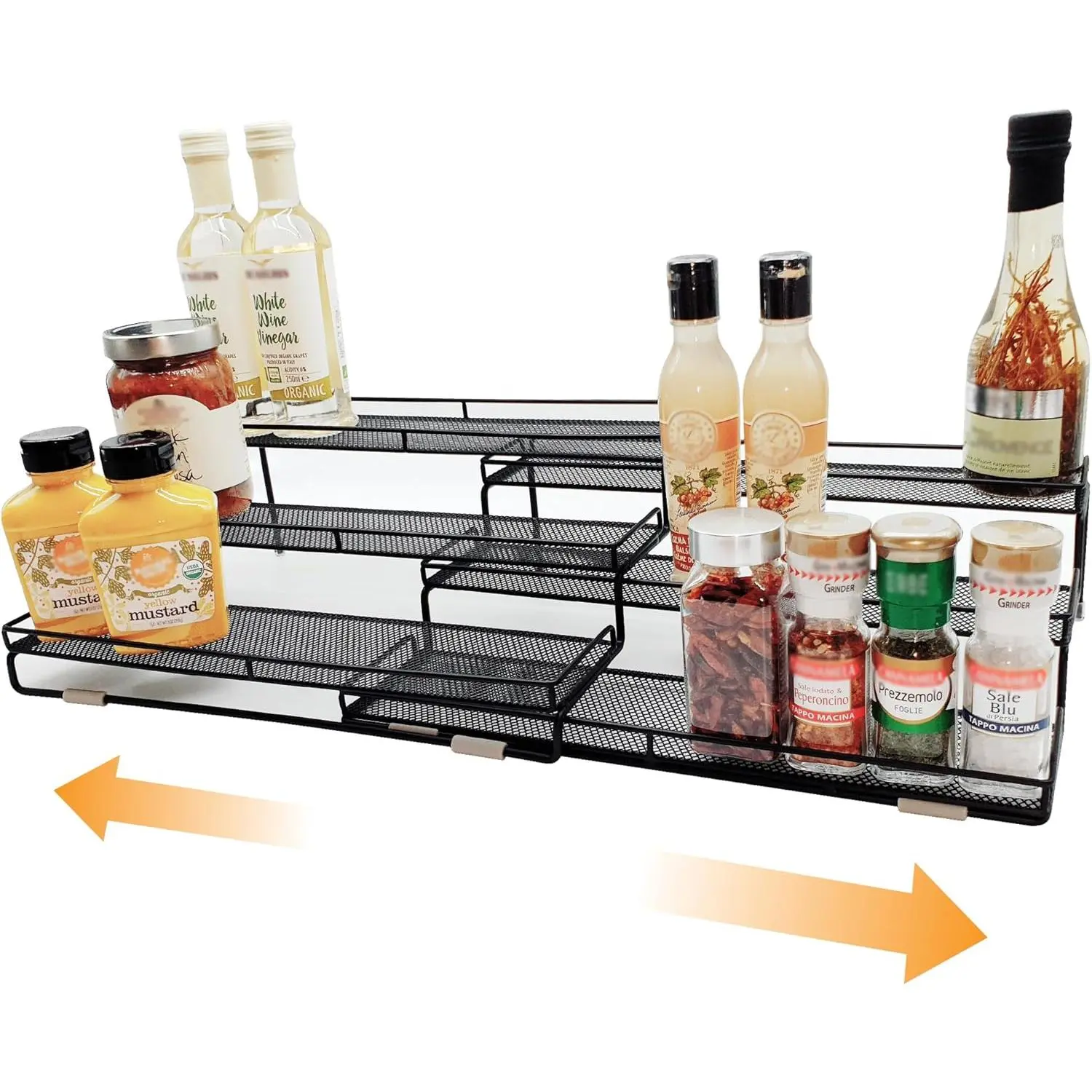 3 Tier Wide Expandable Cabinet Spice Rack Organizer (14.5" to 29.1") - Step Shelf with Protection Railing, Black |   Wide, deep expandable spice rack for large spice jars, seasoning bottles, cans, and pantry organization.