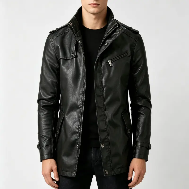 Men's Cool PU Polyester Leather Jacket - Casual Wear, Plain Look, Stand Collar Overcoat with Button Front and Zip Pockets