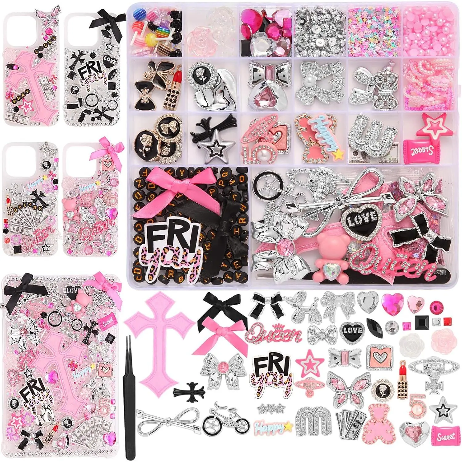 2380 Pcs Multicolor Pink-Silver-Black-Bling DIY Decorative Ornament Set - Multi-Style Flatback Charms, Bows, Stars, Candy & Letter Beads for Beads Making, Charms Making, Nail Art, Custom Phone Case Decoration - Mother’s Day Craft Supplies, Aesthetic Craft