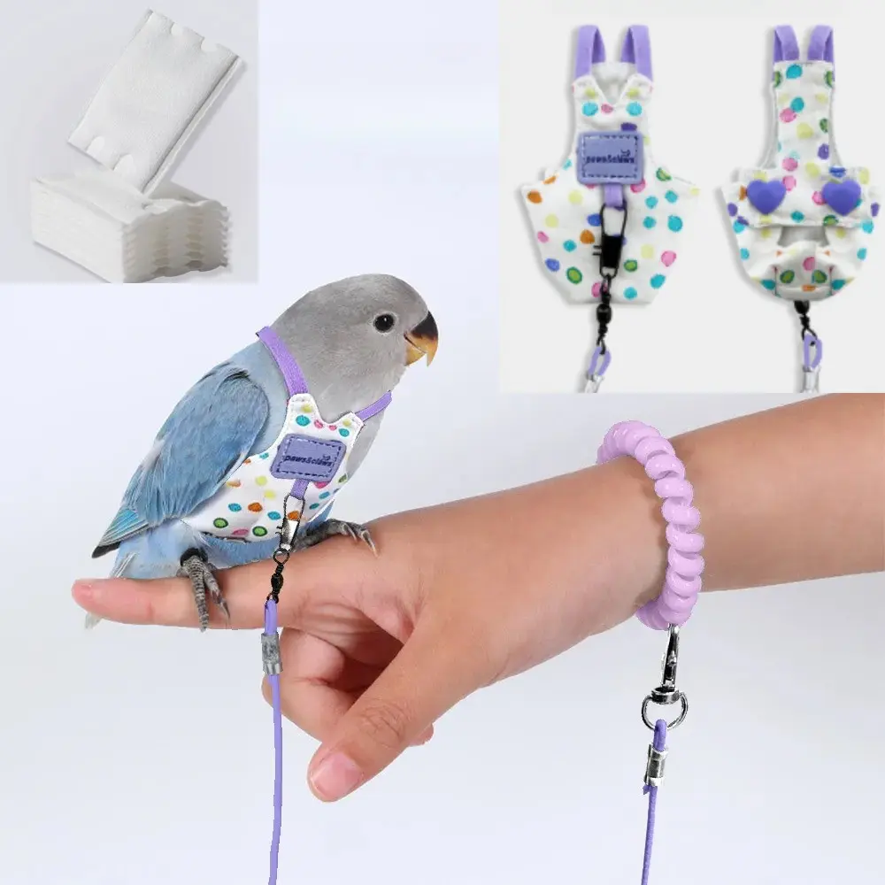 [Budgie Harness & Leash] 1pc Budgie Harness and Leash 1m, Adjustable Anti-Bite Nylon Rope, Ultra Light Parrot Flight Suit, Outdoor Anti-Lost Flying Traction Rope for Budgies, Roosteratiel and Similar Sized Birds, with 50pcs Bird Diaper Pads