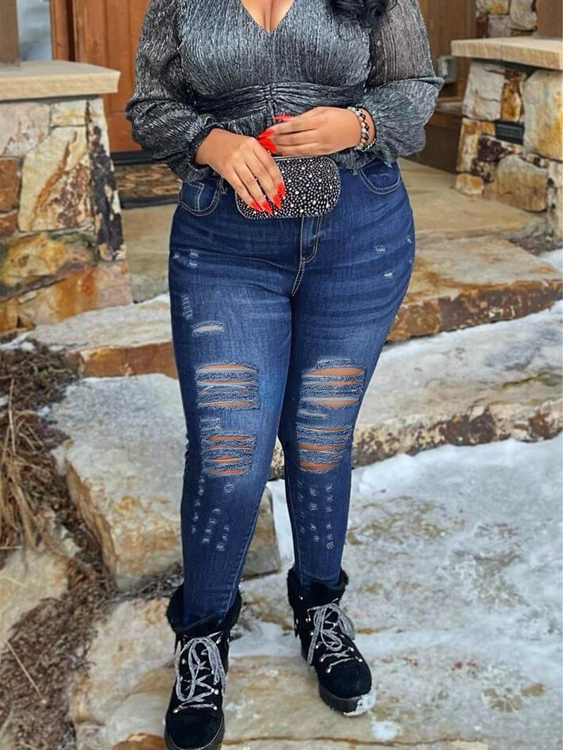 Women's Plus Size High Rise Stretchy Skinny Ankle Jeans, Butt Lifting Ripped Distressed Washed Denim, American Retro High Street Basic Style Pocket Button Pants for Daily & All-Season Wear