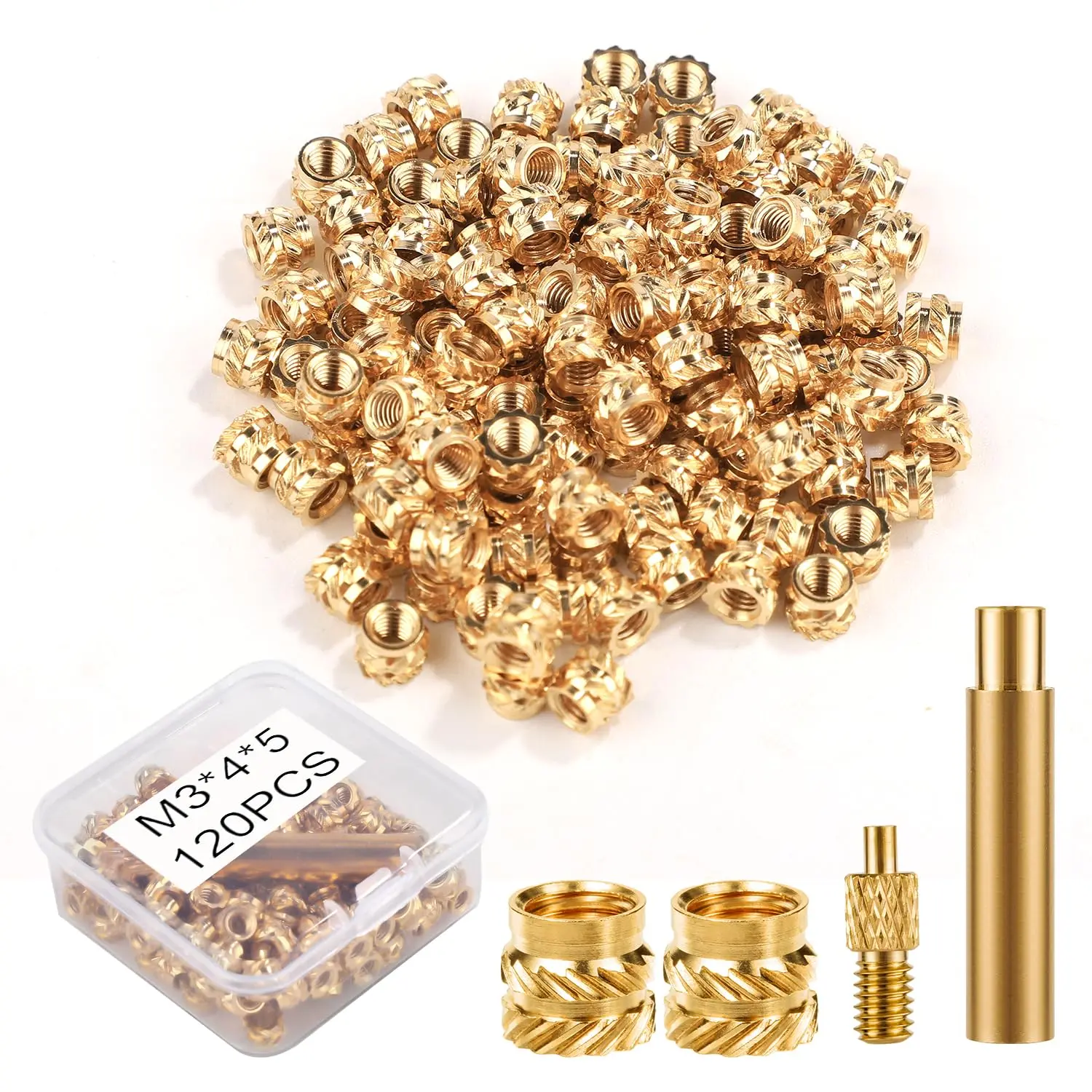120 count  Printing Brass Nuts, M3x4x5mm Threaded Inserts Heat Set Insert Tip for M3 & 1 Welding Adapter Heat Embedment Nut Printing Accessories Compatible with Weller SP40NUS and T18 Irons