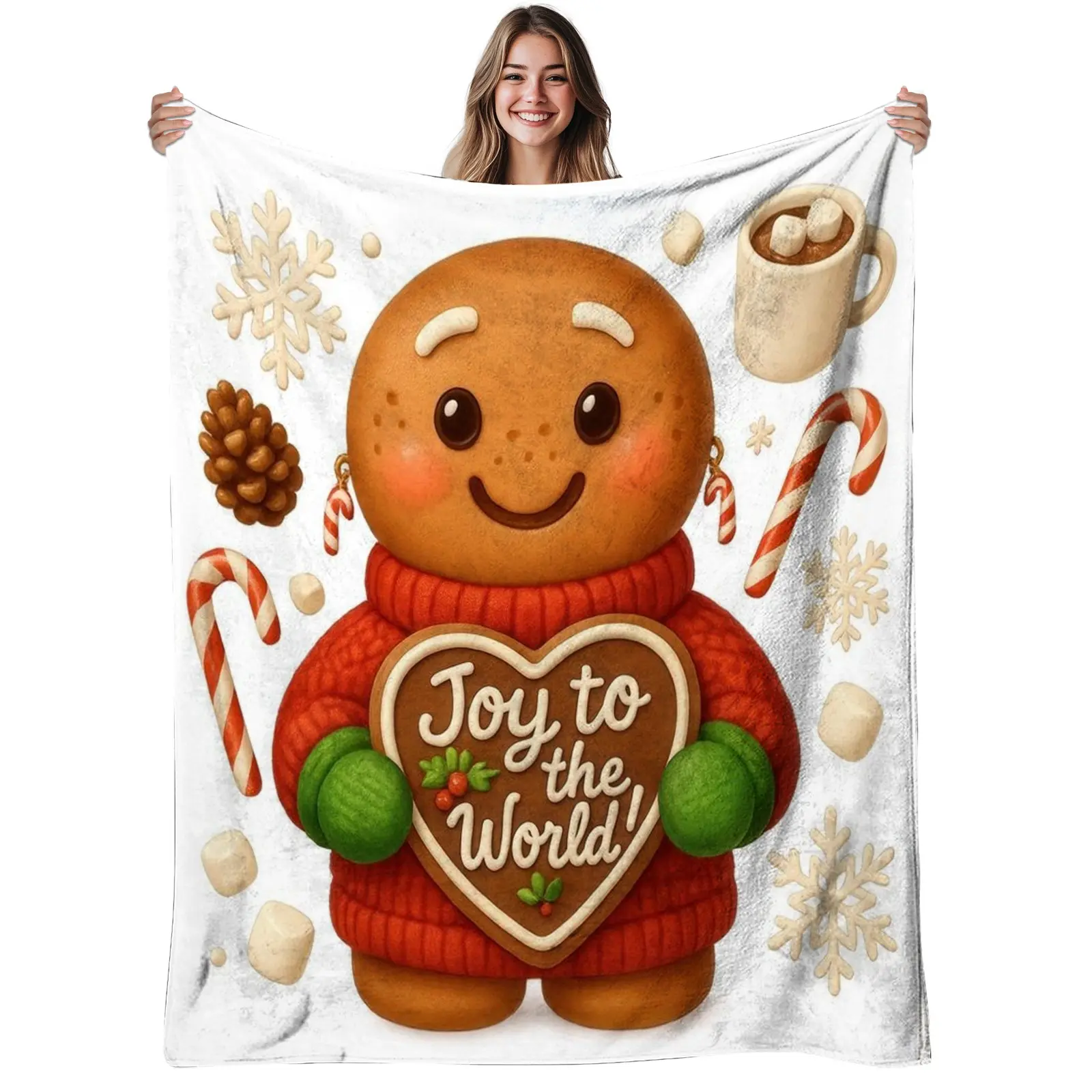 1Pc Gingerbread For Man & Soft Warm Flannel Blanket - Cozy Gingerbread / Design With Icy Blue Eyes & Rosy Cheeks, Candy Candy Blanket, Caramel Throw Blanket, Gingerbread Man Christmas