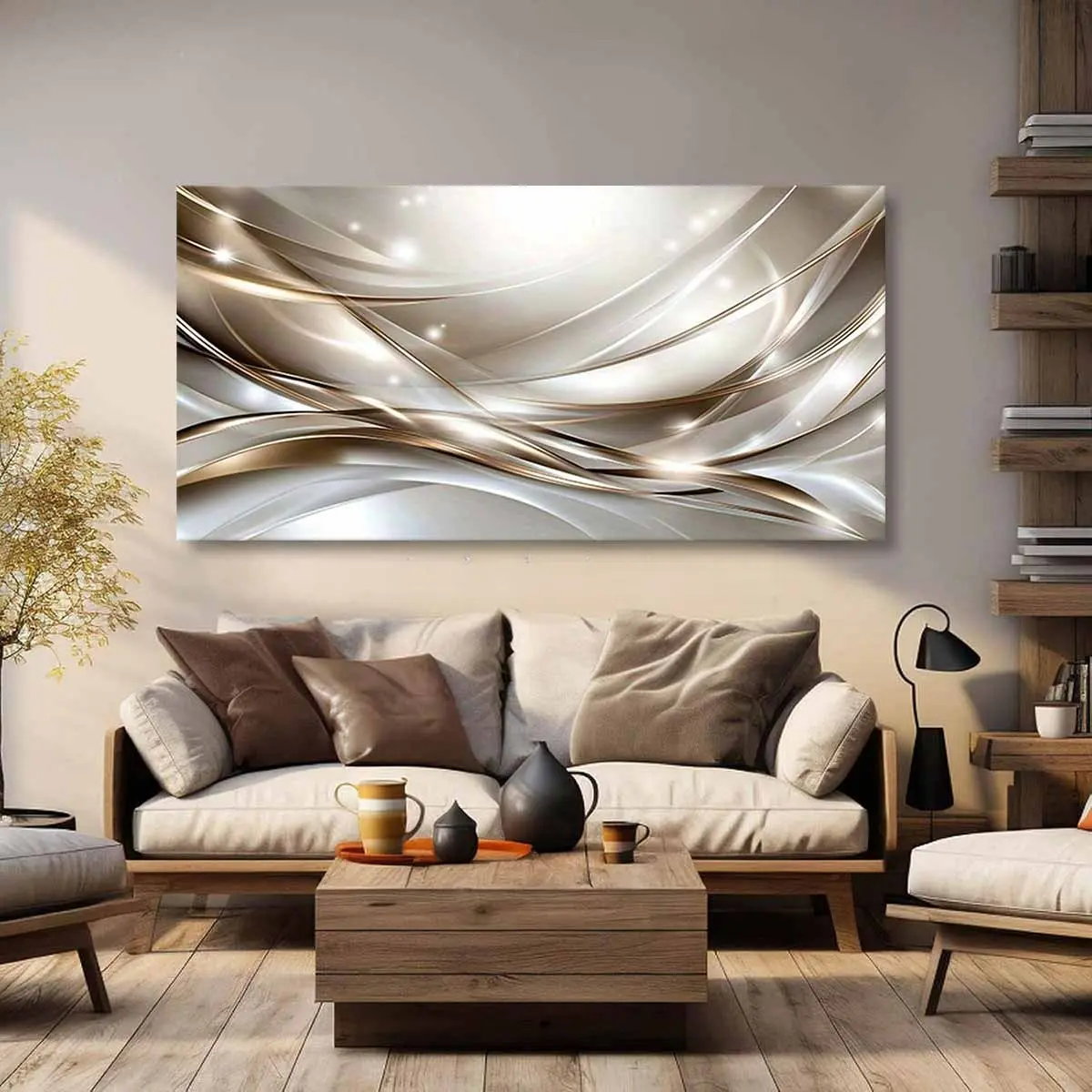 Framed Canvas Print - Modern Abstract Fashion Wall Art with Curved Lines, Coffee & White Tones, Multi-Size, High-Quality Ready-to-Hang for Living Room Decor, Interior Decor