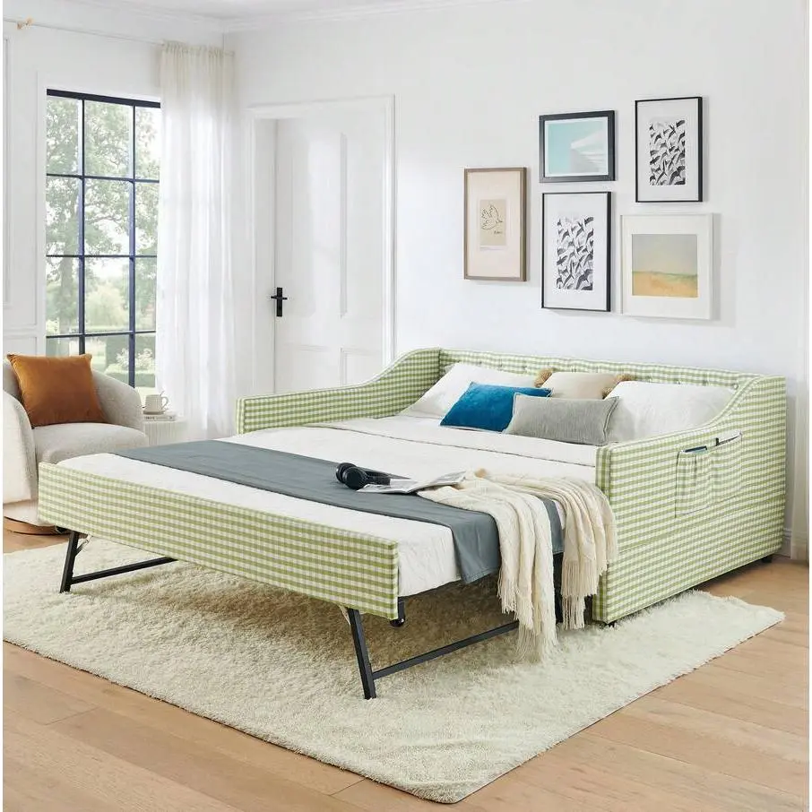 Full/ Twin Size Upholstered Daybed With Pop Up Trundle, 3-In-1 Convertible Sofa Bed, Tufted Daybed Couch With Storage Pockets, Pull Out Daybed Expands To King Size Bed, Daybed With Trundle For Living Room, Guest Room,,lounge,chair,bonele,co,matt,cord,bag,