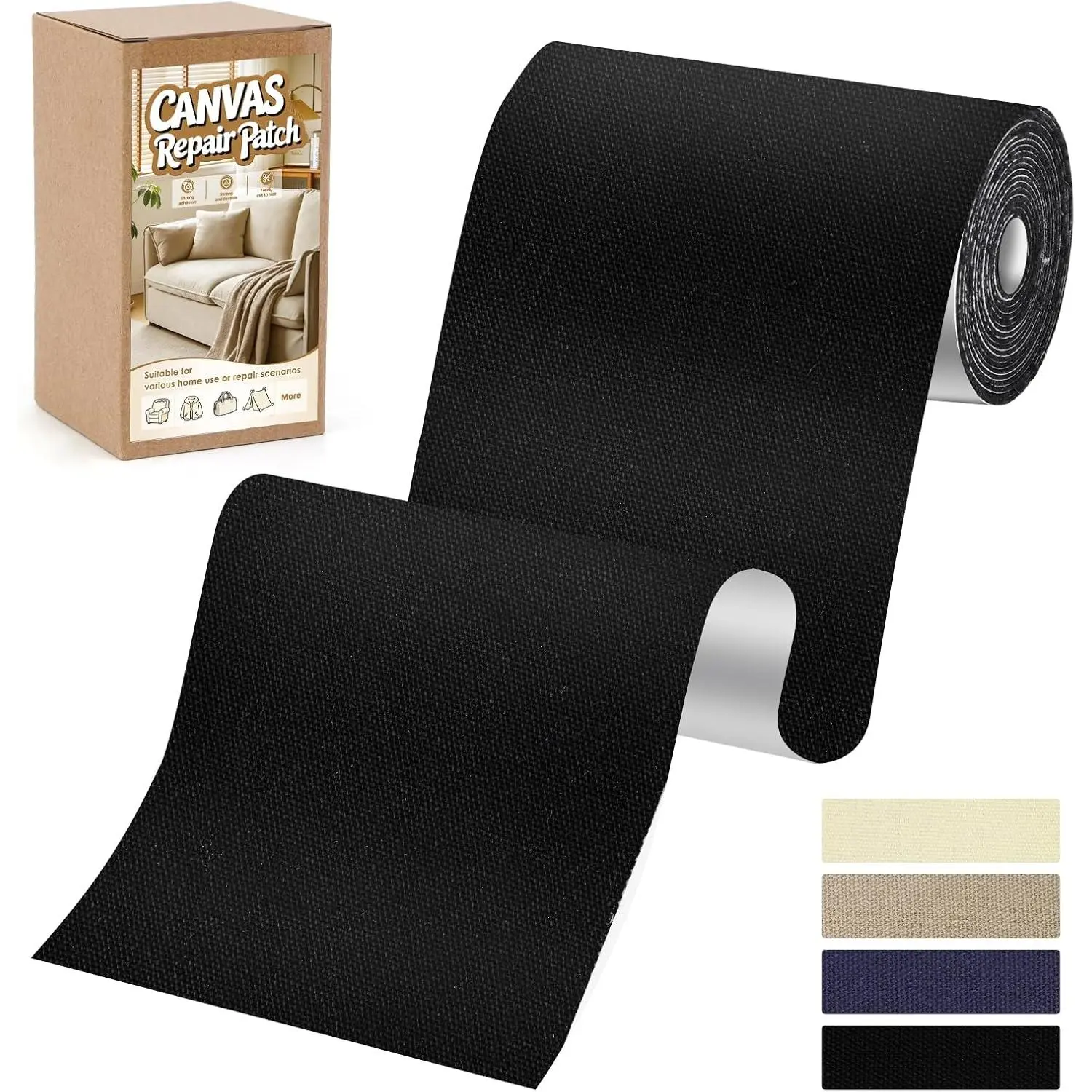Canvas Repair Patch, 4x79 Inches Self-Adhesive Fabric Tape for Couch |  Canvas Fabric Patch Kit for Repairing Furniture, Cushion,  Seat, Clothes, Tent, Backpack (Black)