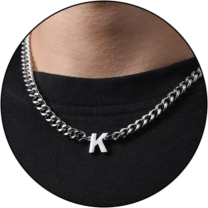 Cuban Links Necklace for Men - Hypoallergenic Stainless Steel Custom Letters Pendant, 6.5mm Classic Metal-Coated Unisex Fit 18+2in Necklace, Everyday Wear Daily Personalized Jewelry Gift
