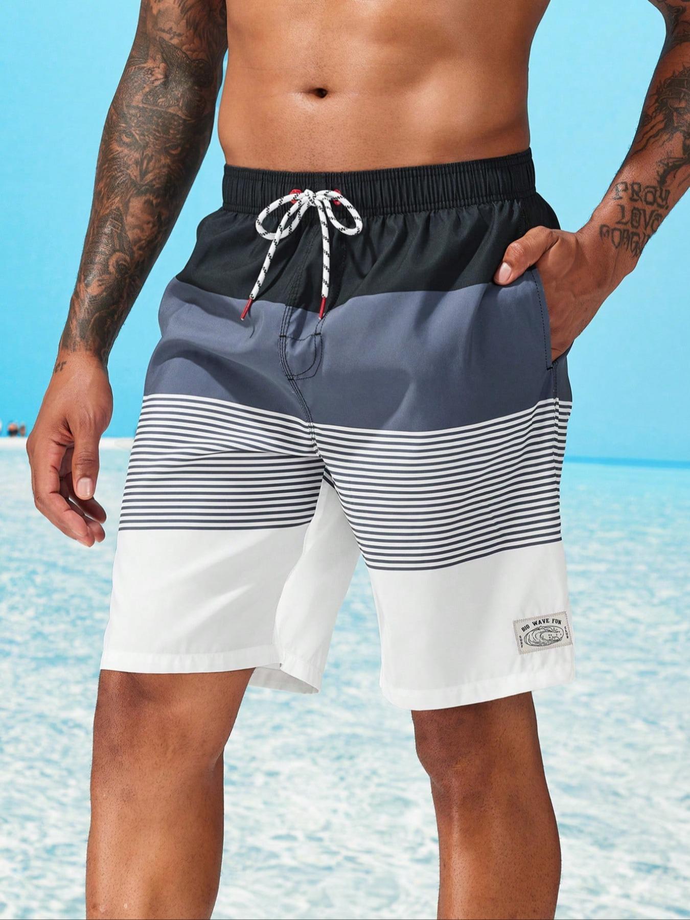 Men's Striped Print Boxer Brief Swim Trunks, Casual Comfy Breathable Swim Shorts for Summer Outdoor, Activewear, Men's Swimwear for Beach Vacation, Clothing, Summer Swim Bottoms, Drawstring Swim Bottom, Swimming Trunks, Swimtrunks
