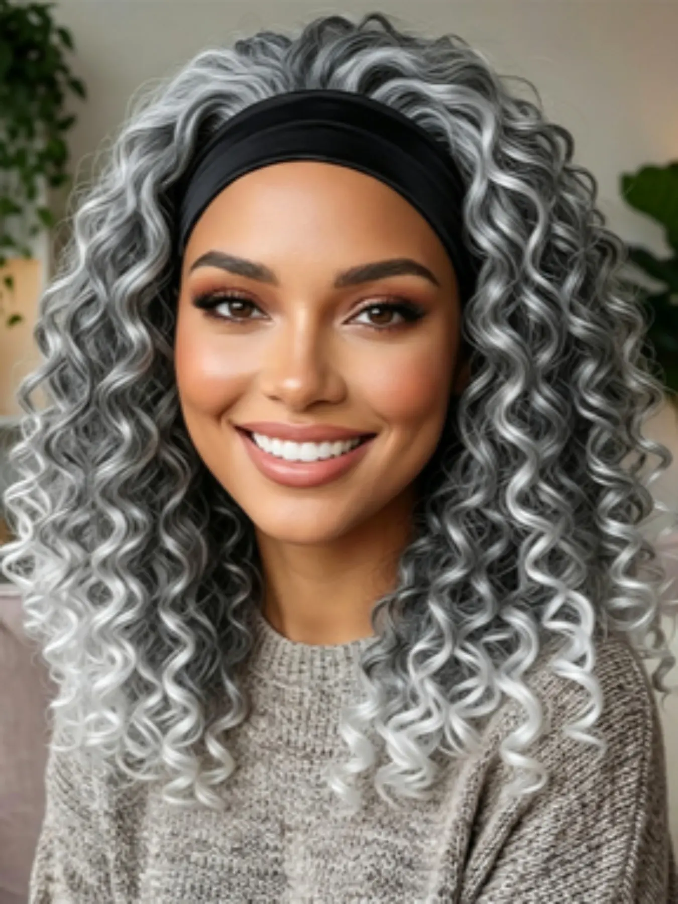 14 Inch Silver Grey Short Kinky Curly Synthetic Head Wrap Wig for African American Women, Glueless Half Hairpiece with Soft Fabric Headband, Hassle-Free Instant Styling for Daily Commute, Glueless Afro Kinky