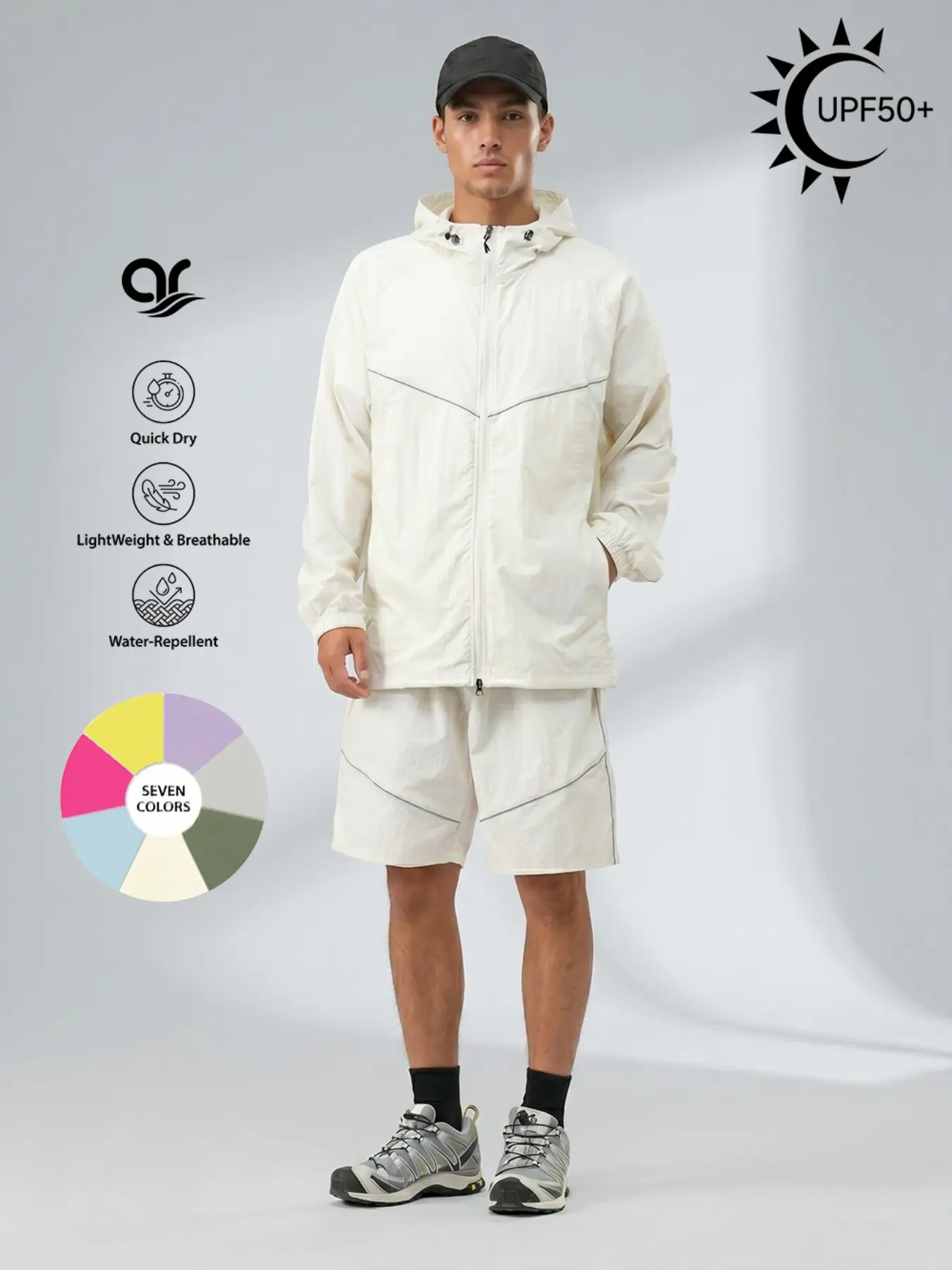 AR Men's 2-Piece UPF 50+ Sun Protection Tracksuit Lightweight Water-Repellent Zipper Hoodie & Shorts Set Quick Dry Activewear for Running, Hiking, Workout & Casual Streetwear Sports Activewear Set
