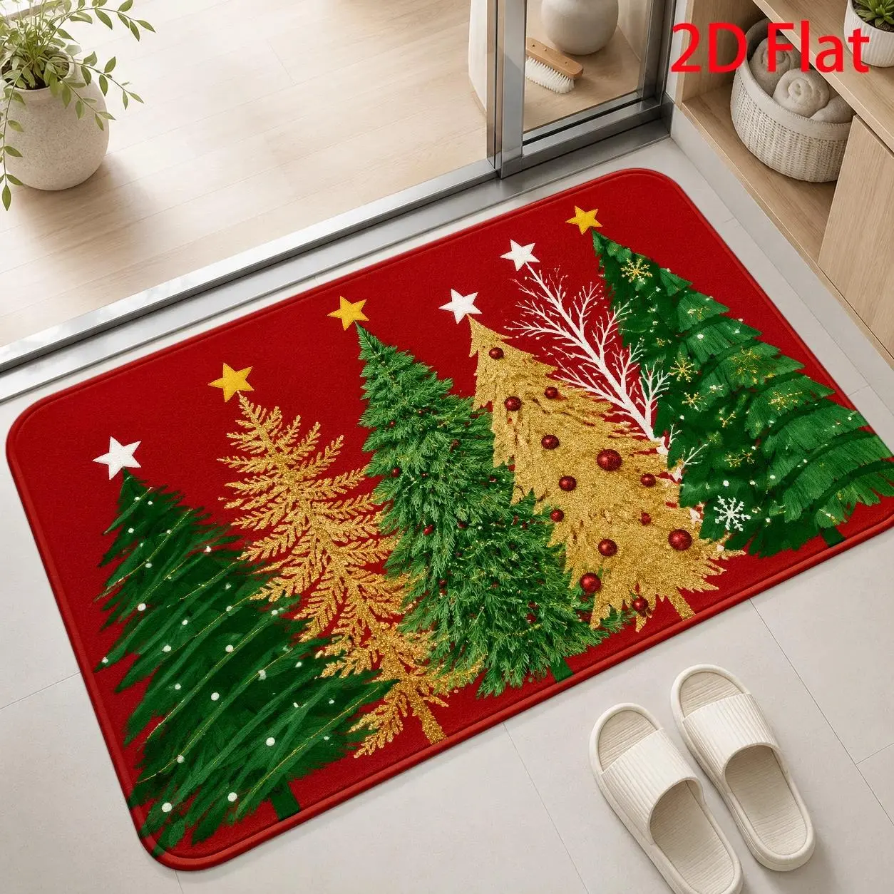 1PC/2PC/3PC Christmas Tree Forest Door Mat, 2D Flat Printed Flannel Floor Mat, Watercolor Handpainted Art Entryway Rug, Festive Welcome Mat for Front Door, Covered Porch, Hallway, Kitchen and Indoor Home Decor